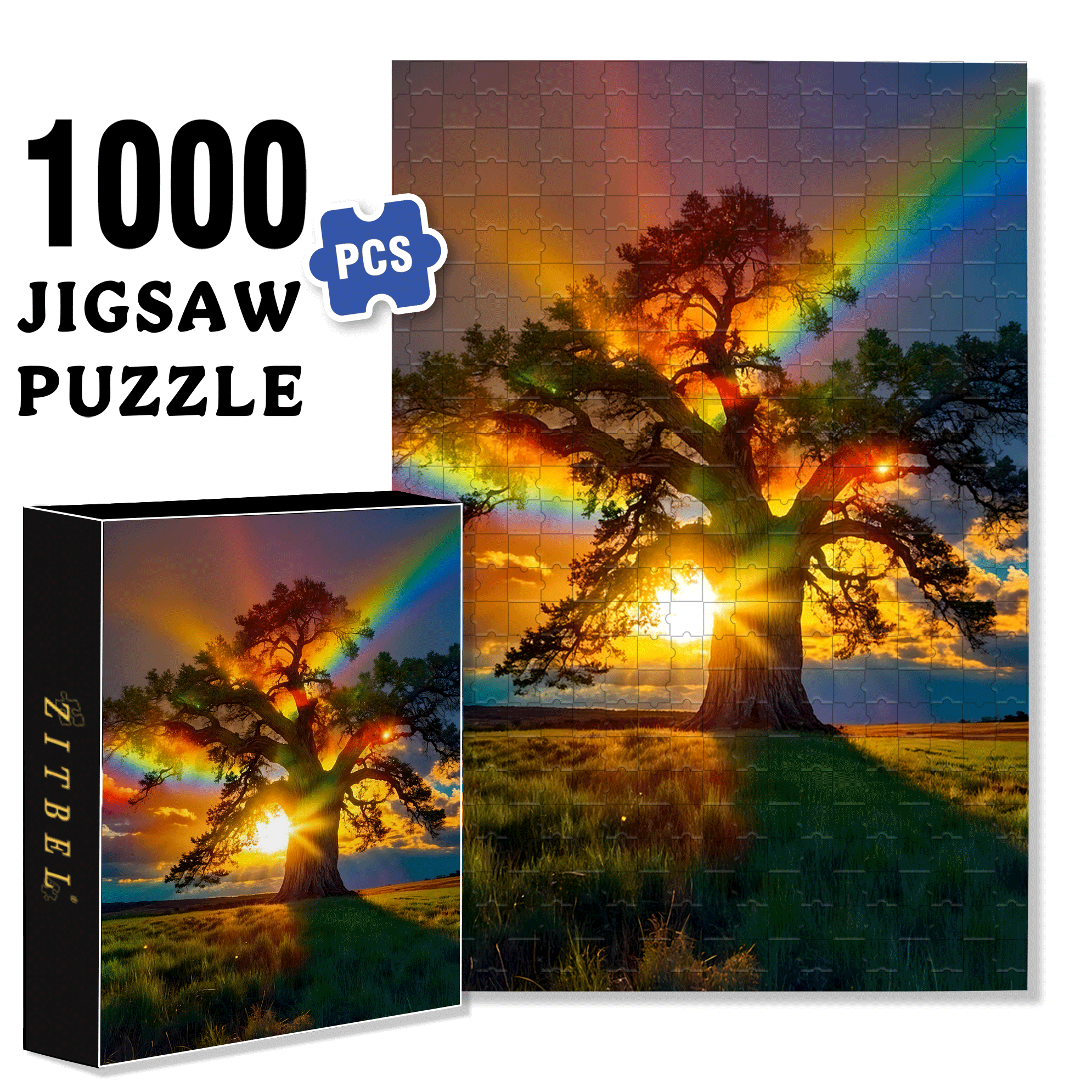 Vibrant Rainbow and Giant Tree 500pcs/1000pcs Jigsaw Puzzle, Scratch-Resistant, Interactive Family Game & Brain-Boosting DIY Decor, Perfect for Halloween, Christmas & New Year Gifts, Family Puzzle Game