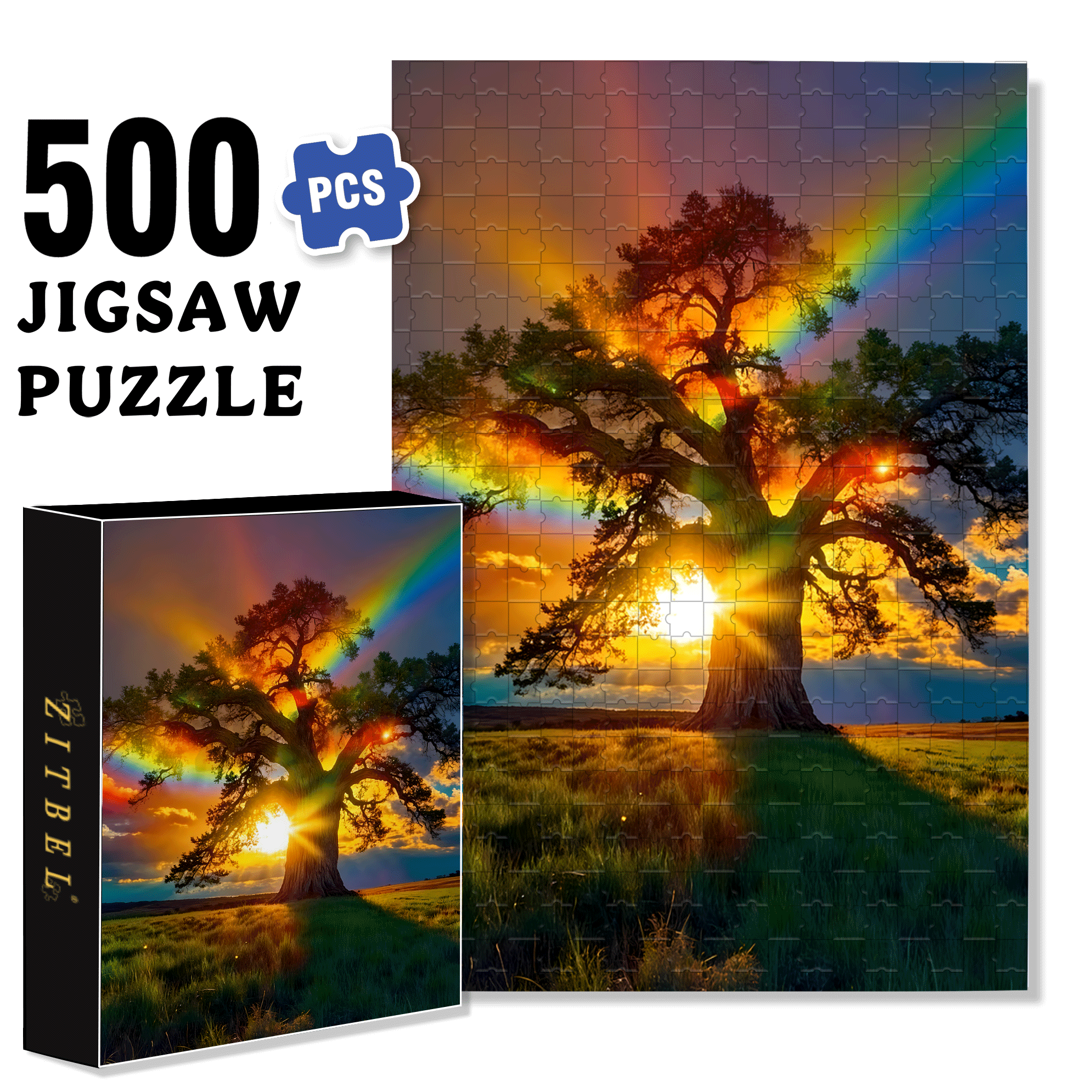 Vibrant Rainbow and Giant Tree 500pcs/1000pcs Jigsaw Puzzle, Scratch-Resistant, Interactive Family Game & Brain-Boosting DIY Decor, Perfect for Halloween, Christmas & New Year Gifts, Family Puzzle Game
