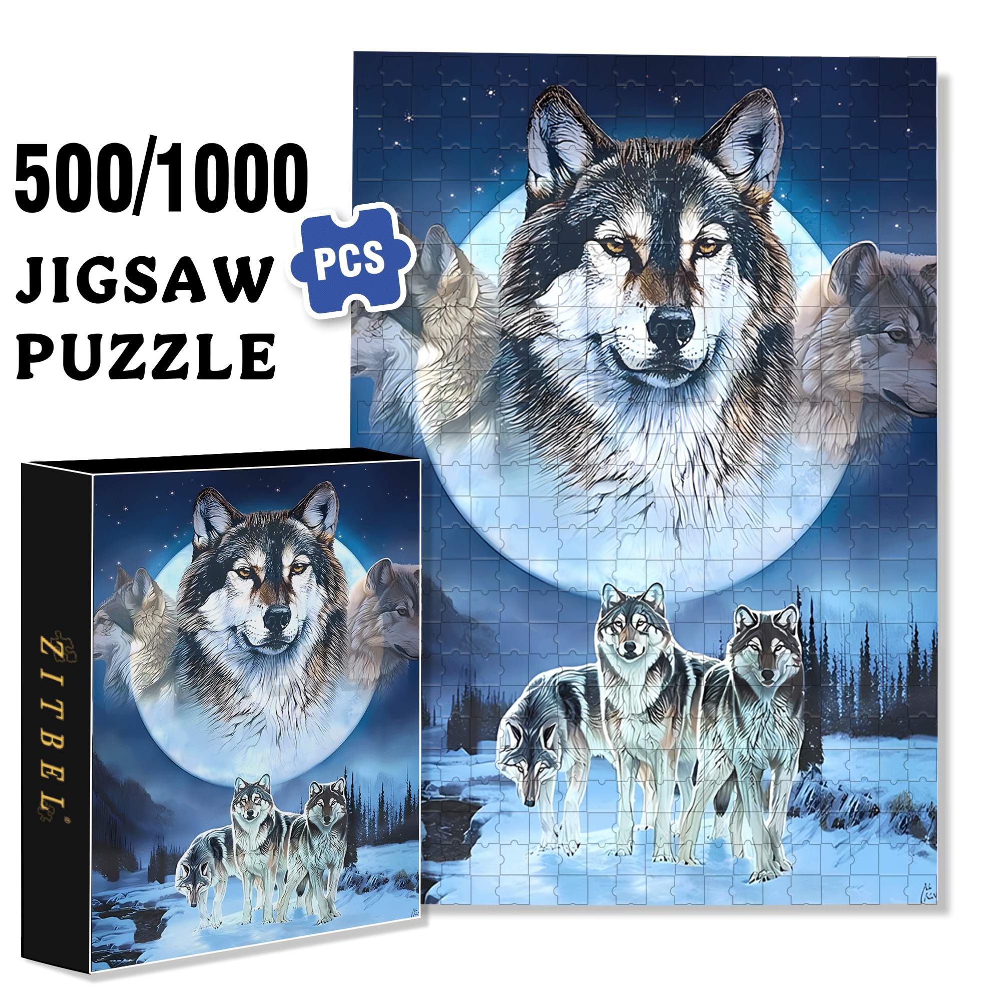 Winter Wolves 500pcs/1000pcs Jigsaw Puzzle, Scratch-Resistant, Interactive Family Game & Brain-Boosting DIY Decor, Perfect for Halloween, Christmas & New Year Gifts, Family Puzzle Game