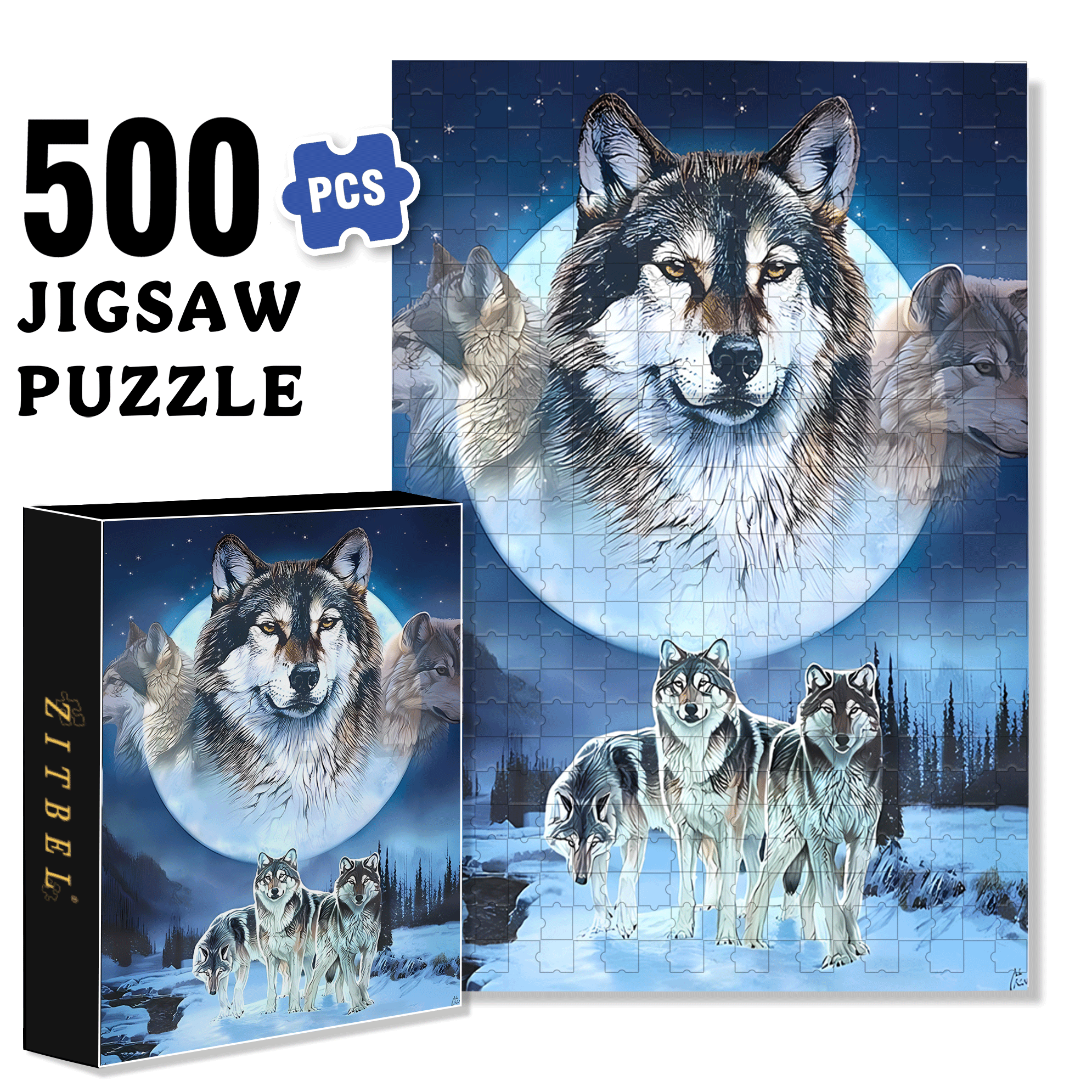Winter Wolves 500pcs/1000pcs Jigsaw Puzzle, Scratch-Resistant, Interactive Family Game & Brain-Boosting DIY Decor, Perfect for Halloween, Christmas & New Year Gifts, Family Puzzle Game