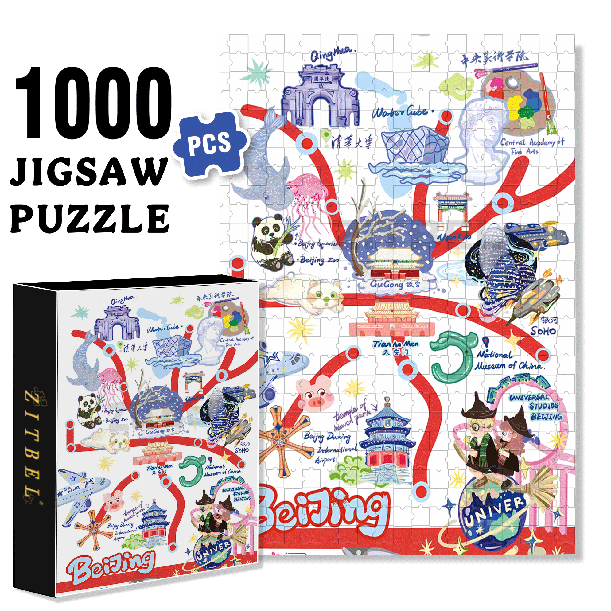 Beijing Tourist Map 500pcs/1000pcs Jigsaw Puzzle, Scratch-Resistant, Interactive Family Game & Brain-Boosting DIY Decor, Perfect for Halloween, Christmas & New Year Gifts, Family Puzzle Game