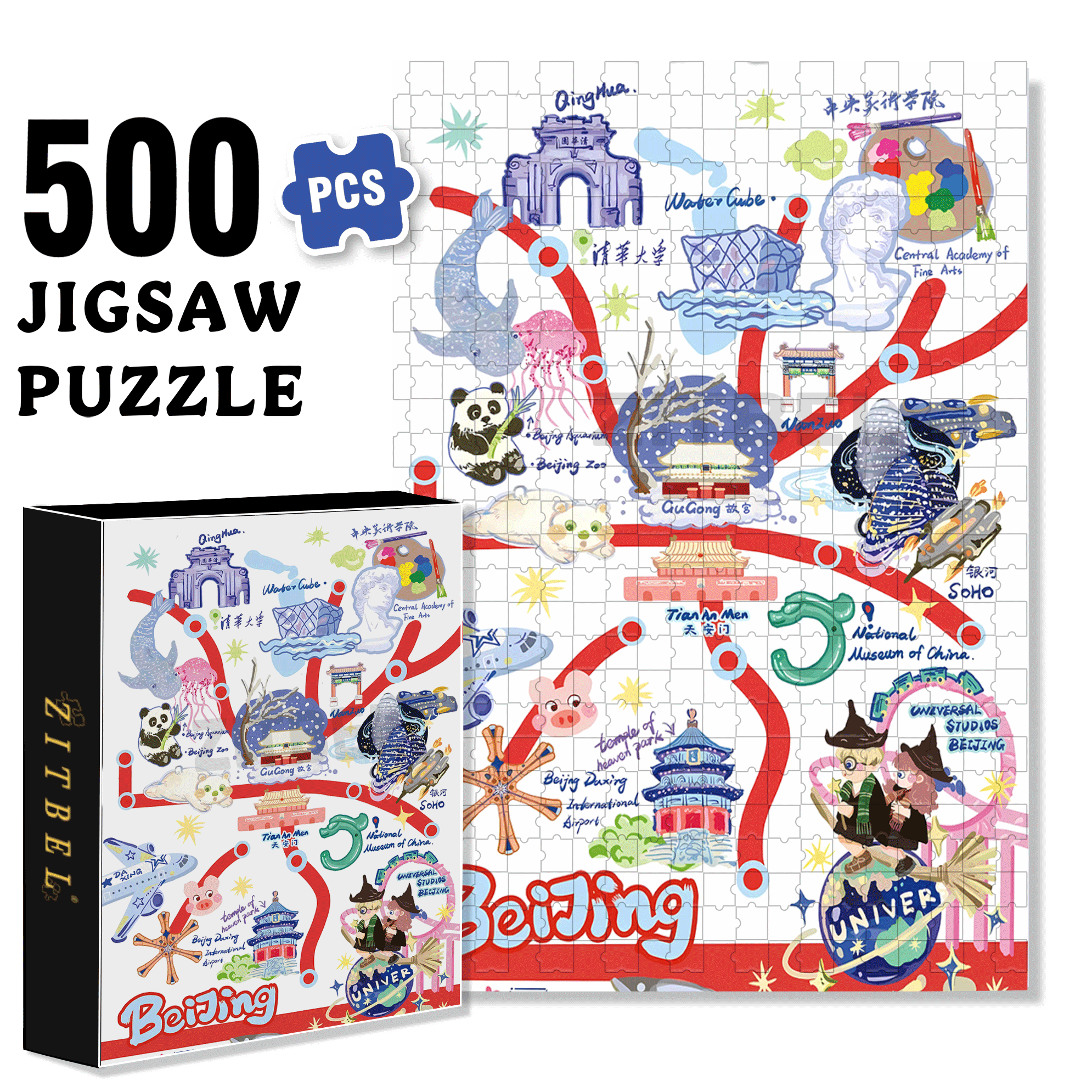 Beijing Tourist Map 500pcs/1000pcs Jigsaw Puzzle, Scratch-Resistant, Interactive Family Game & Brain-Boosting DIY Decor, Perfect for Halloween, Christmas & New Year Gifts, Family Puzzle Game