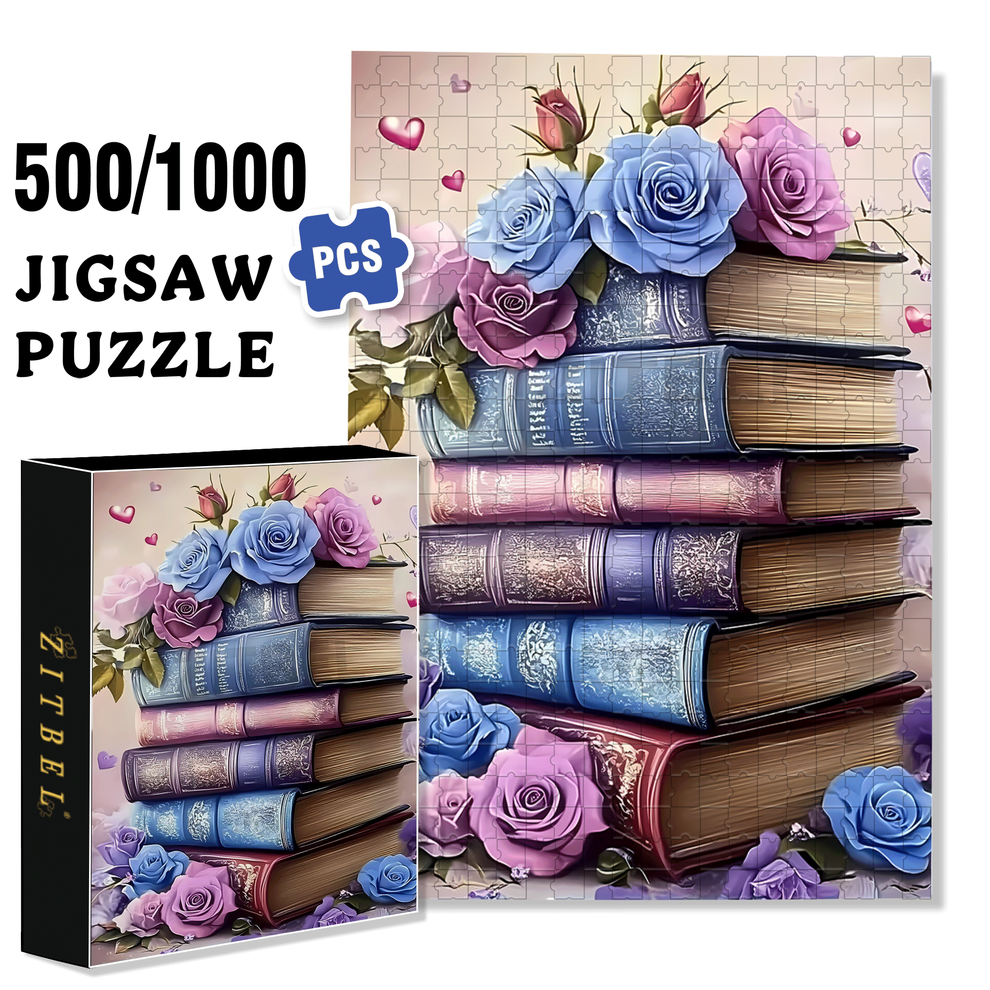Books And Roses Intertwine 500pcs/1000pcs Jigsaw Puzzle, Scratch-Resistant, Interactive Family Game & Brain-Boosting DIY Decor, Perfect for Halloween, Christmas & New Year Gifts, Family Puzzle Game