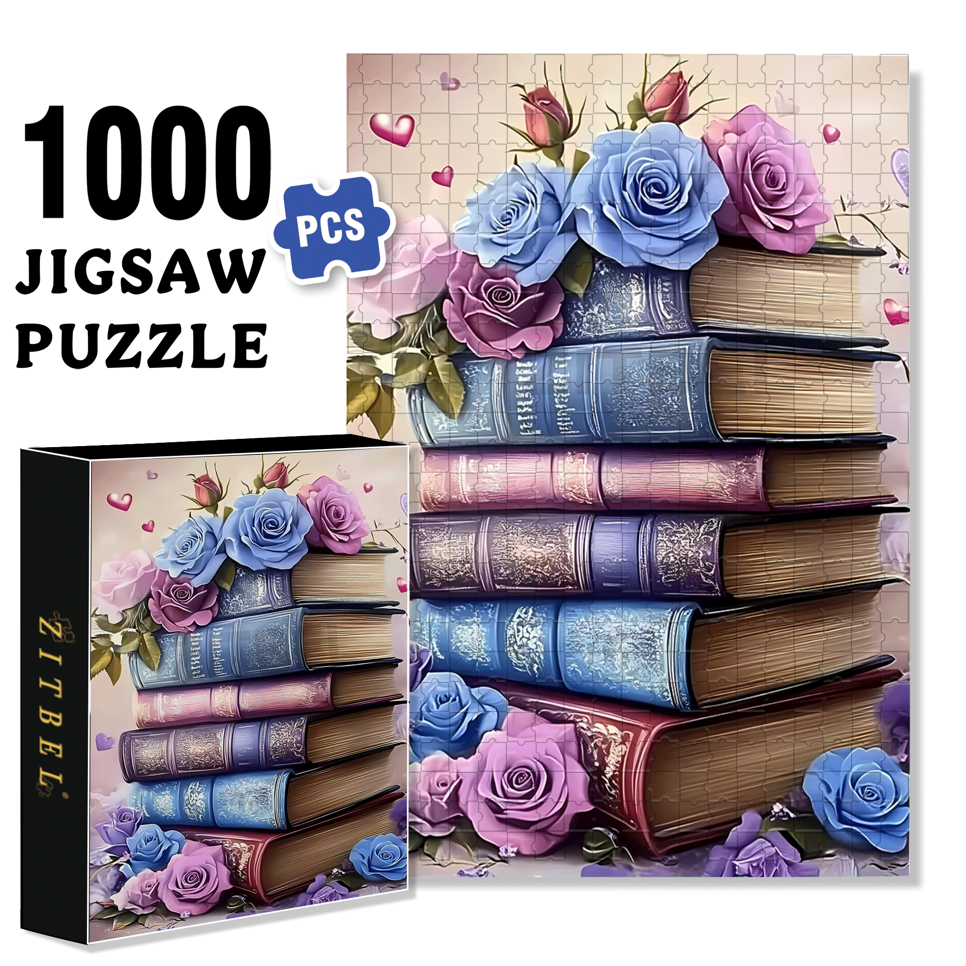 Books And Roses Intertwine 500pcs/1000pcs Jigsaw Puzzle, Scratch-Resistant, Interactive Family Game & Brain-Boosting DIY Decor, Perfect for Halloween, Christmas & New Year Gifts, Family Puzzle Game