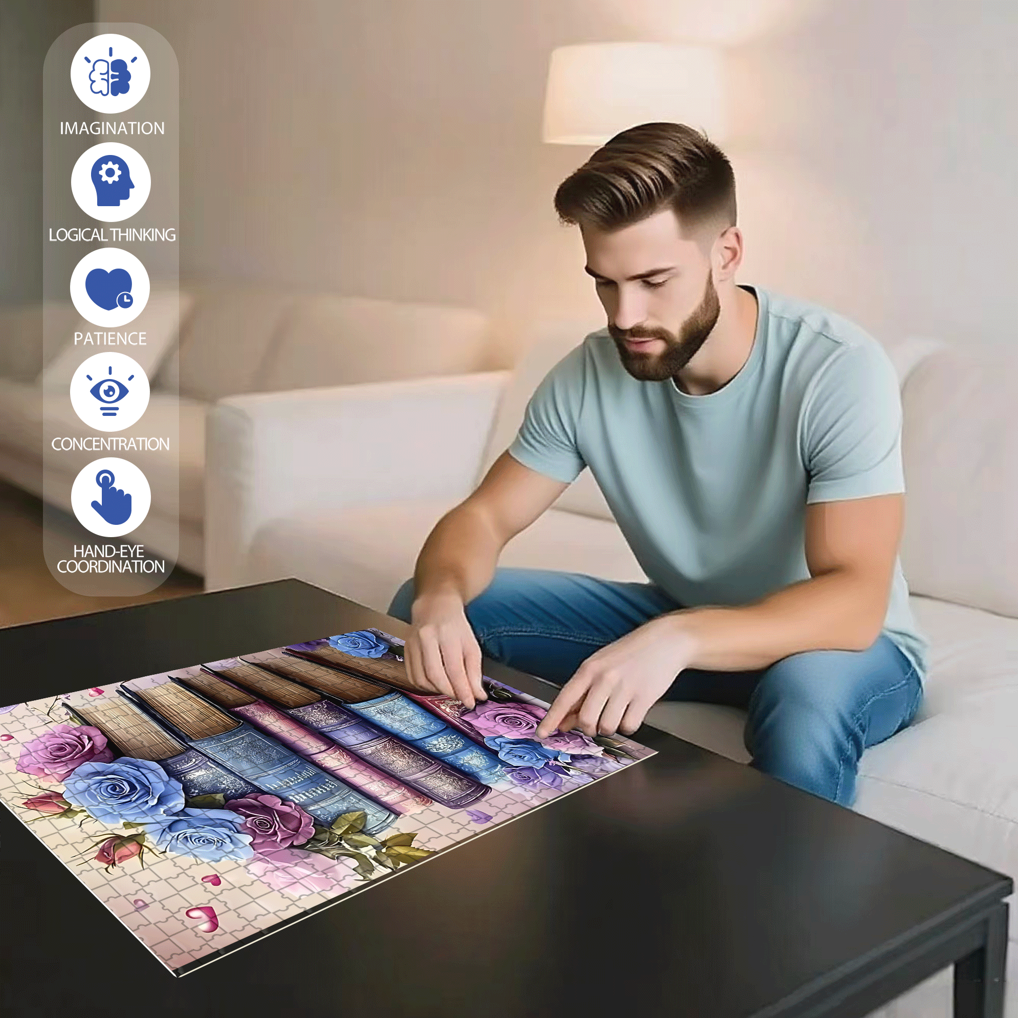 Books And Roses Intertwine 500pcs/1000pcs Jigsaw Puzzle, Scratch-Resistant, Interactive Family Game & Brain-Boosting DIY Decor, Perfect for Halloween, Christmas & New Year Gifts, Family Puzzle Game