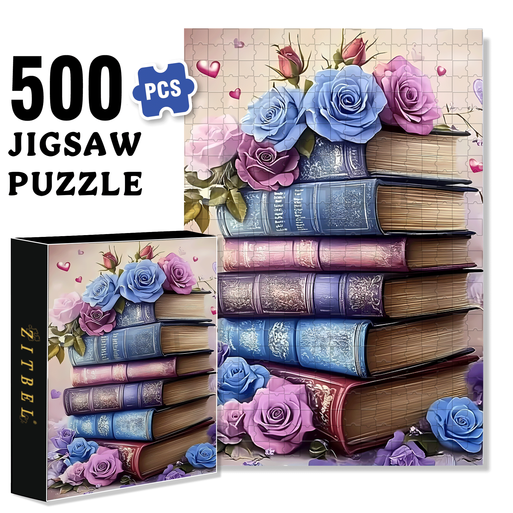 Books And Roses Intertwine 500pcs/1000pcs Jigsaw Puzzle, Scratch-Resistant, Interactive Family Game & Brain-Boosting DIY Decor, Perfect for Halloween, Christmas & New Year Gifts, Family Puzzle Game