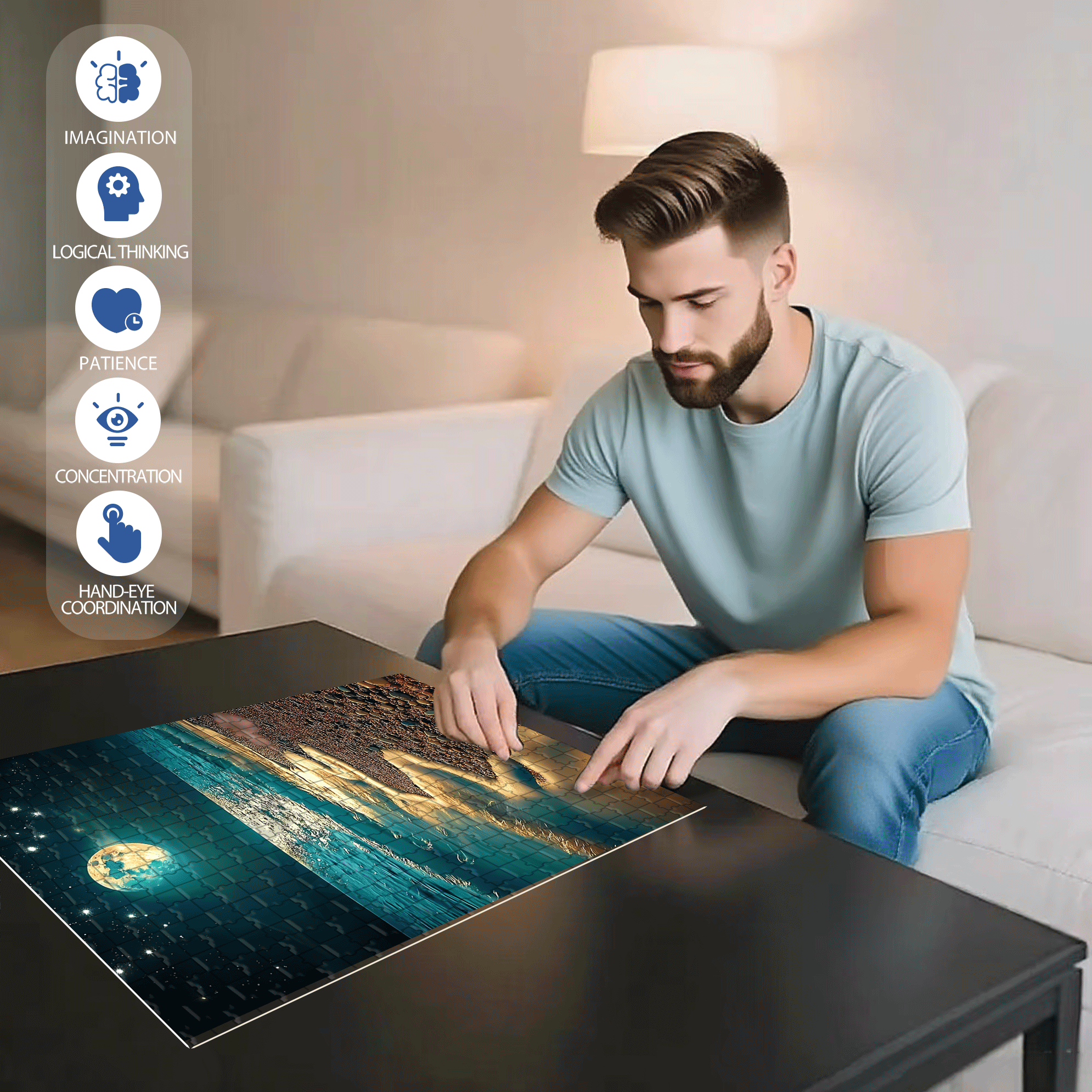 Coast At Night 500pcs/1000pcs Jigsaw Puzzle, Scratch-Resistant, Interactive Family Game & Brain-Boosting DIY Decor, Perfect for Halloween, Christmas & New Year Gifts, Family Puzzle Game