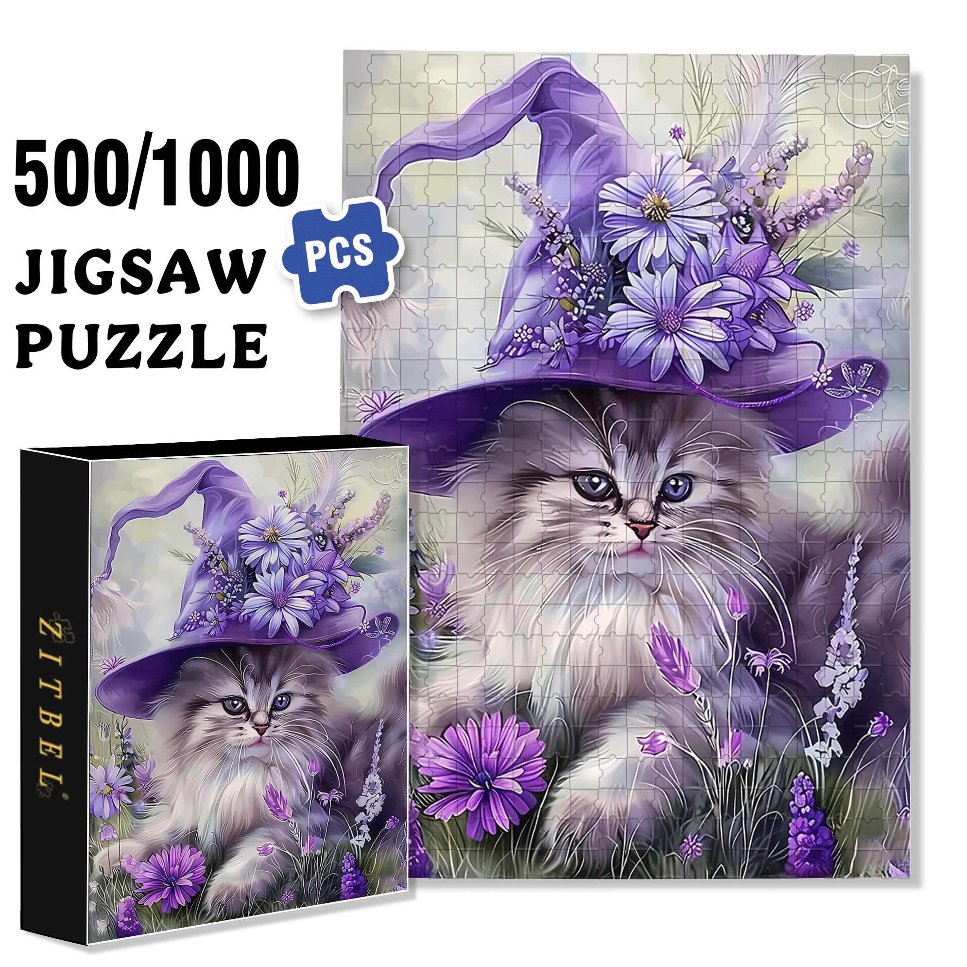Cute Cat Purple Flowers 500pcs/1000pcs Jigsaw Puzzle, Scratch-Resistant, Interactive Family Game & Brain-Boosting DIY Decor, Perfect for Halloween, Christmas & New Year Gifts, Family Puzzle Game