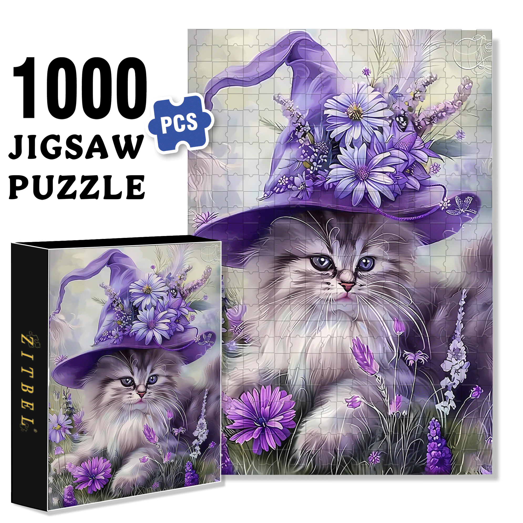 Cute Cat Purple Flowers 500pcs/1000pcs Jigsaw Puzzle, Scratch-Resistant, Interactive Family Game & Brain-Boosting DIY Decor, Perfect for Halloween, Christmas & New Year Gifts, Family Puzzle Game