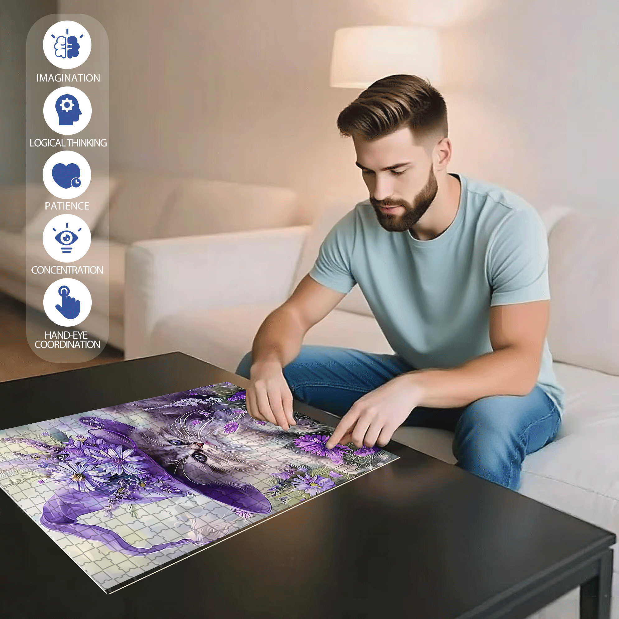 Cute Cat Purple Flowers 500pcs/1000pcs Jigsaw Puzzle, Scratch-Resistant, Interactive Family Game & Brain-Boosting DIY Decor, Perfect for Halloween, Christmas & New Year Gifts, Family Puzzle Game