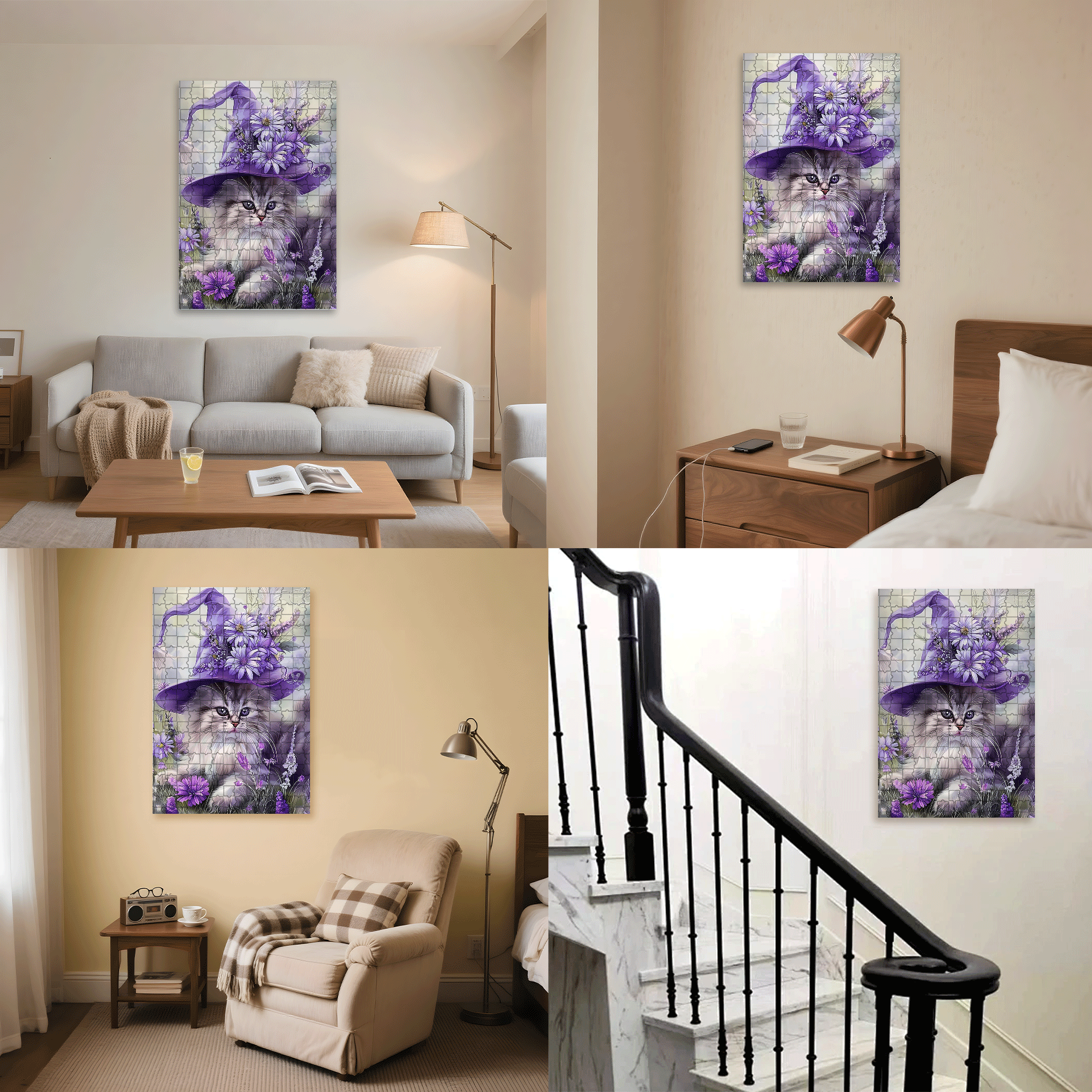 Cute Cat Purple Flowers 500pcs/1000pcs Jigsaw Puzzle, Scratch-Resistant, Interactive Family Game & Brain-Boosting DIY Decor, Perfect for Halloween, Christmas & New Year Gifts, Family Puzzle Game