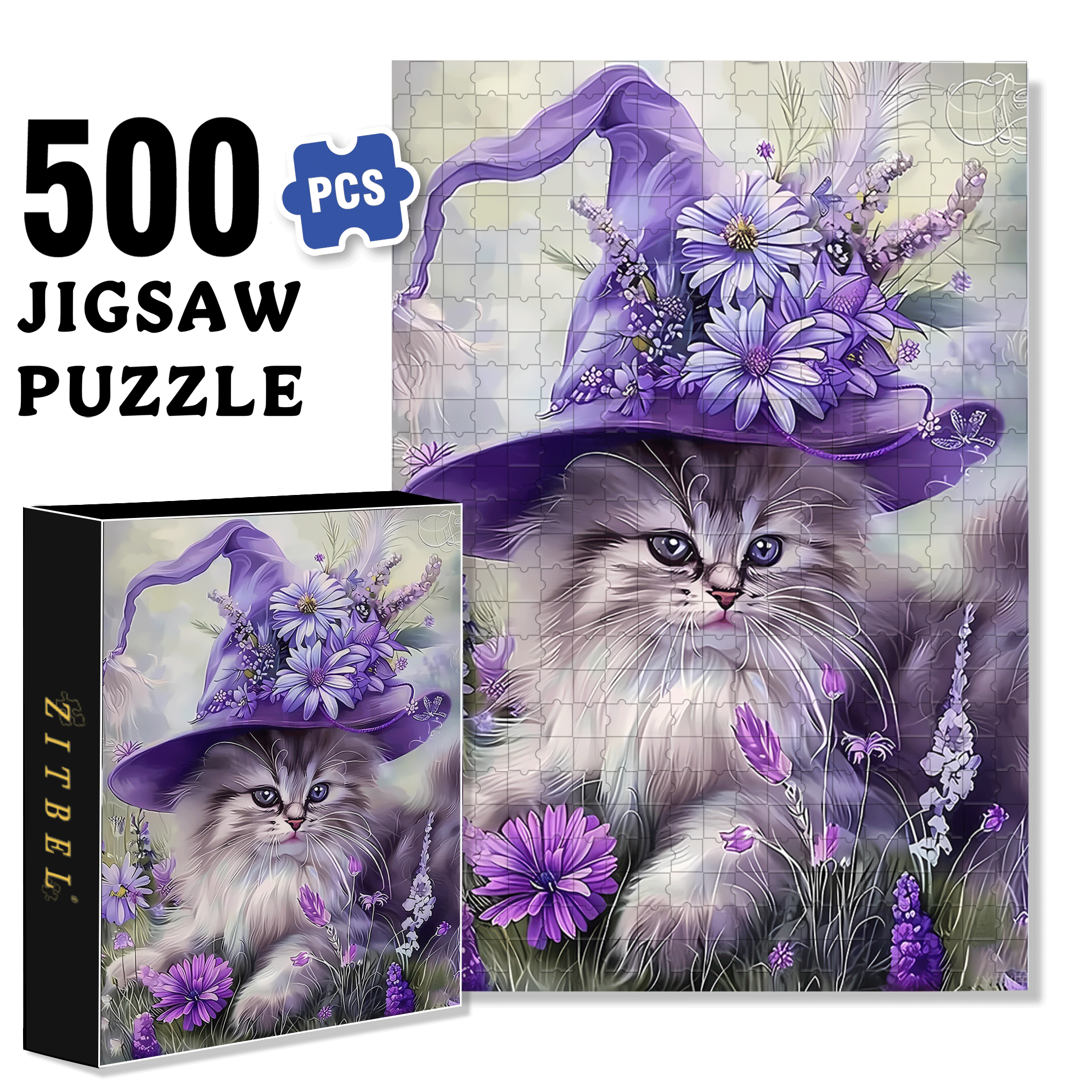 Cute Cat Purple Flowers 500pcs/1000pcs Jigsaw Puzzle, Scratch-Resistant, Interactive Family Game & Brain-Boosting DIY Decor, Perfect for Halloween, Christmas & New Year Gifts, Family Puzzle Game