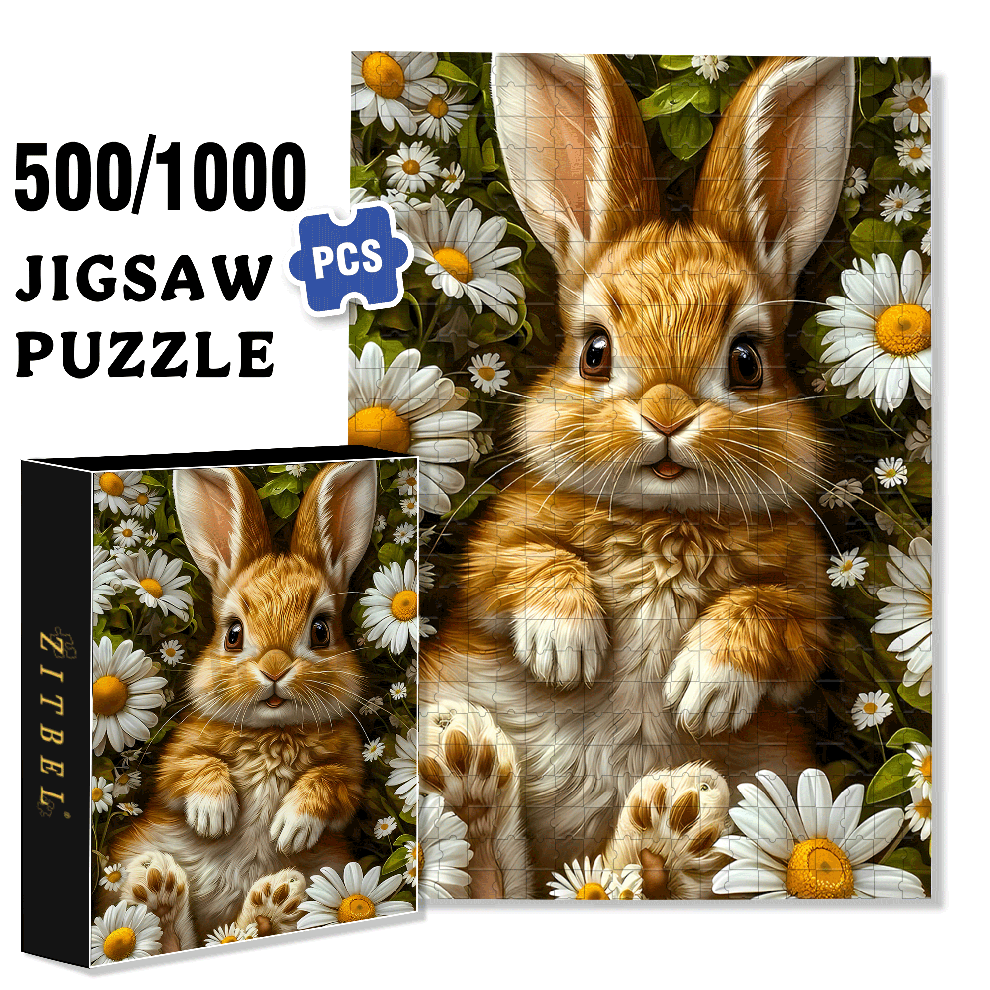 Daisy & Bunny 500pcs/1000pcs Jigsaw Puzzle, Scratch-Resistant, Interactive Family Game & Brain-Boosting DIY Decor, Perfect for Halloween, Christmas & New Year Gifts, Family Puzzle Game
