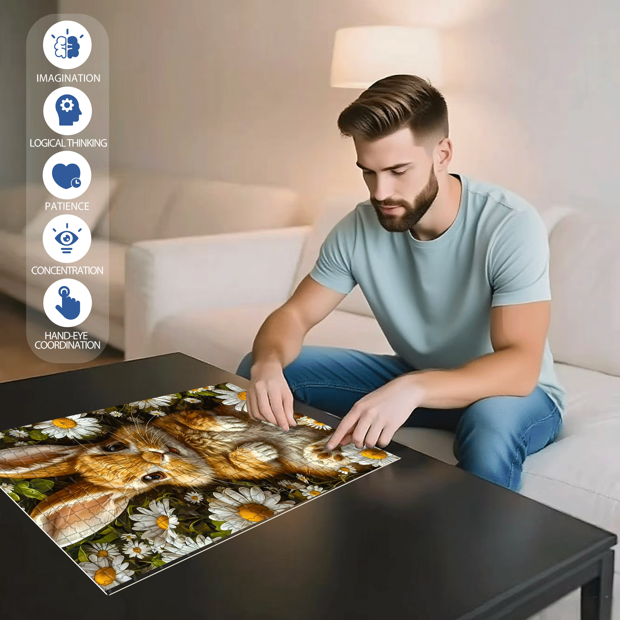 Daisy & Bunny 500pcs/1000pcs Jigsaw Puzzle, Scratch-Resistant, Interactive Family Game & Brain-Boosting DIY Decor, Perfect for Halloween, Christmas & New Year Gifts, Family Puzzle Game