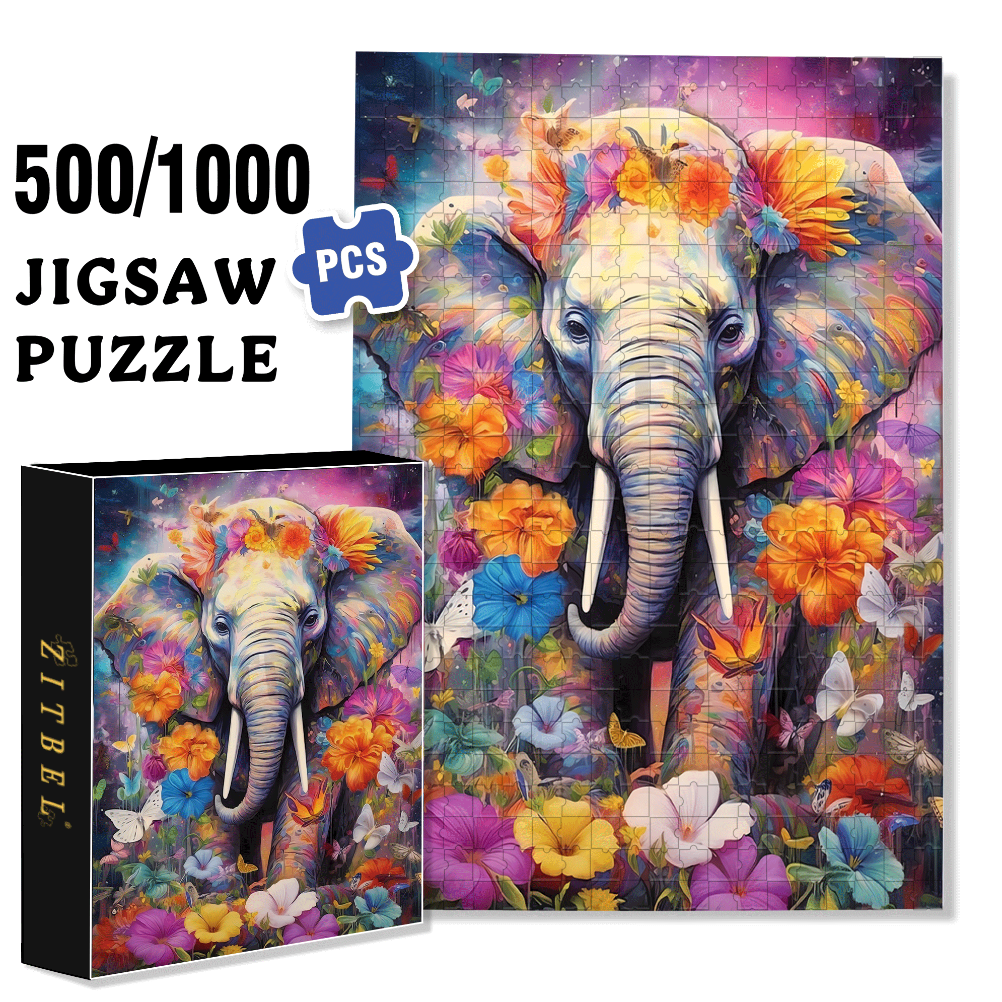 Elephant and Butterfly Dance 500pcs/1000pcs Jigsaw Puzzle, Scratch-Resistant, Interactive Family Game & Brain-Boosting DIY Decor, Perfect for Halloween, Christmas & New Year Gifts, Family Puzzle Game