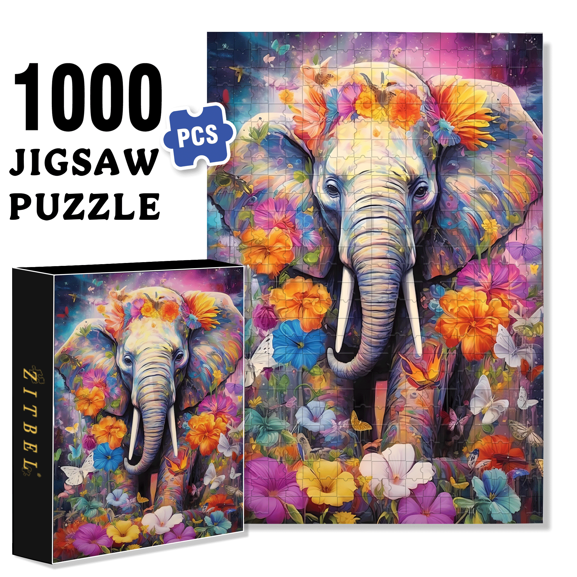 Elephant and Butterfly Dance 500pcs/1000pcs Jigsaw Puzzle, Scratch-Resistant, Interactive Family Game & Brain-Boosting DIY Decor, Perfect for Halloween, Christmas & New Year Gifts, Family Puzzle Game