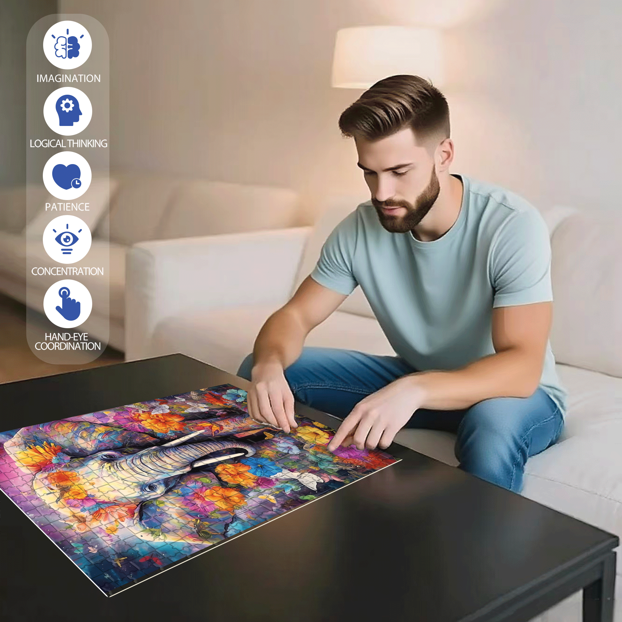Elephant and Butterfly Dance 500pcs/1000pcs Jigsaw Puzzle, Scratch-Resistant, Interactive Family Game & Brain-Boosting DIY Decor, Perfect for Halloween, Christmas & New Year Gifts, Family Puzzle Game