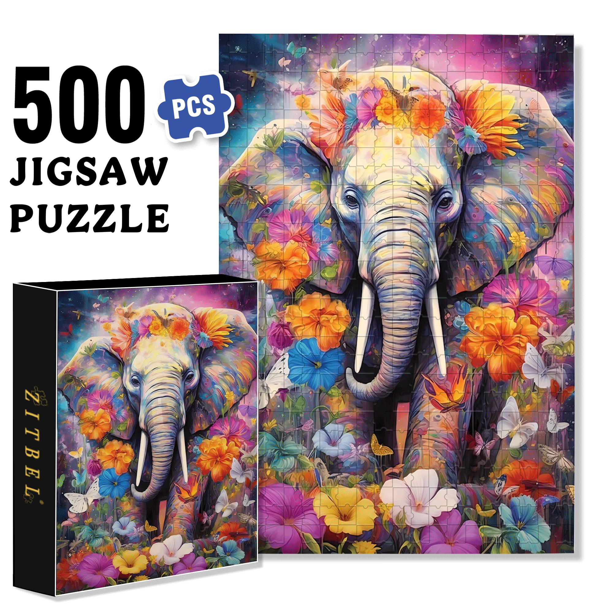 Elephant and Butterfly Dance 500pcs/1000pcs Jigsaw Puzzle, Scratch-Resistant, Interactive Family Game & Brain-Boosting DIY Decor, Perfect for Halloween, Christmas & New Year Gifts, Family Puzzle Game