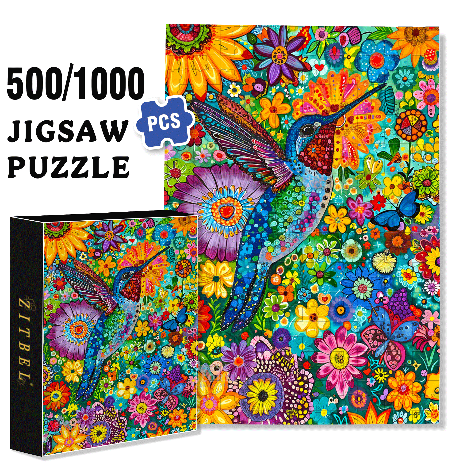 Hummingbird Flower Bed 500pcs/1000pcs Jigsaw Puzzle, Scratch-Resistant, Interactive Family Game & Brain-Boosting DIY Decor, Perfect for Halloween, Christmas & New Year Gifts, Family Puzzle Game