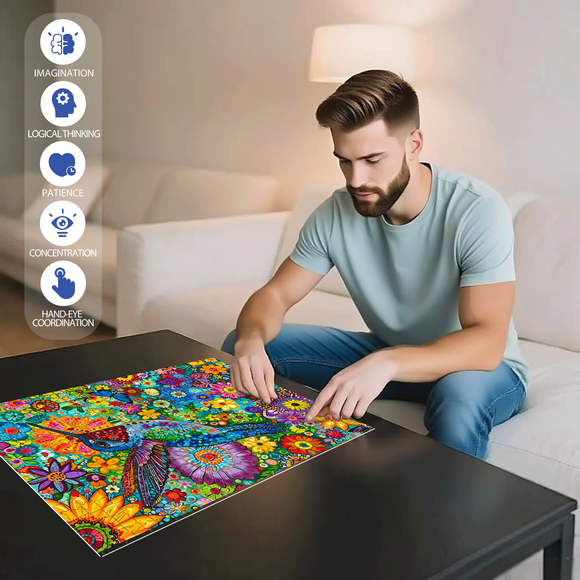 Hummingbird Flower Bed 500pcs/1000pcs Jigsaw Puzzle, Scratch-Resistant, Interactive Family Game & Brain-Boosting DIY Decor, Perfect for Halloween, Christmas & New Year Gifts, Family Puzzle Game