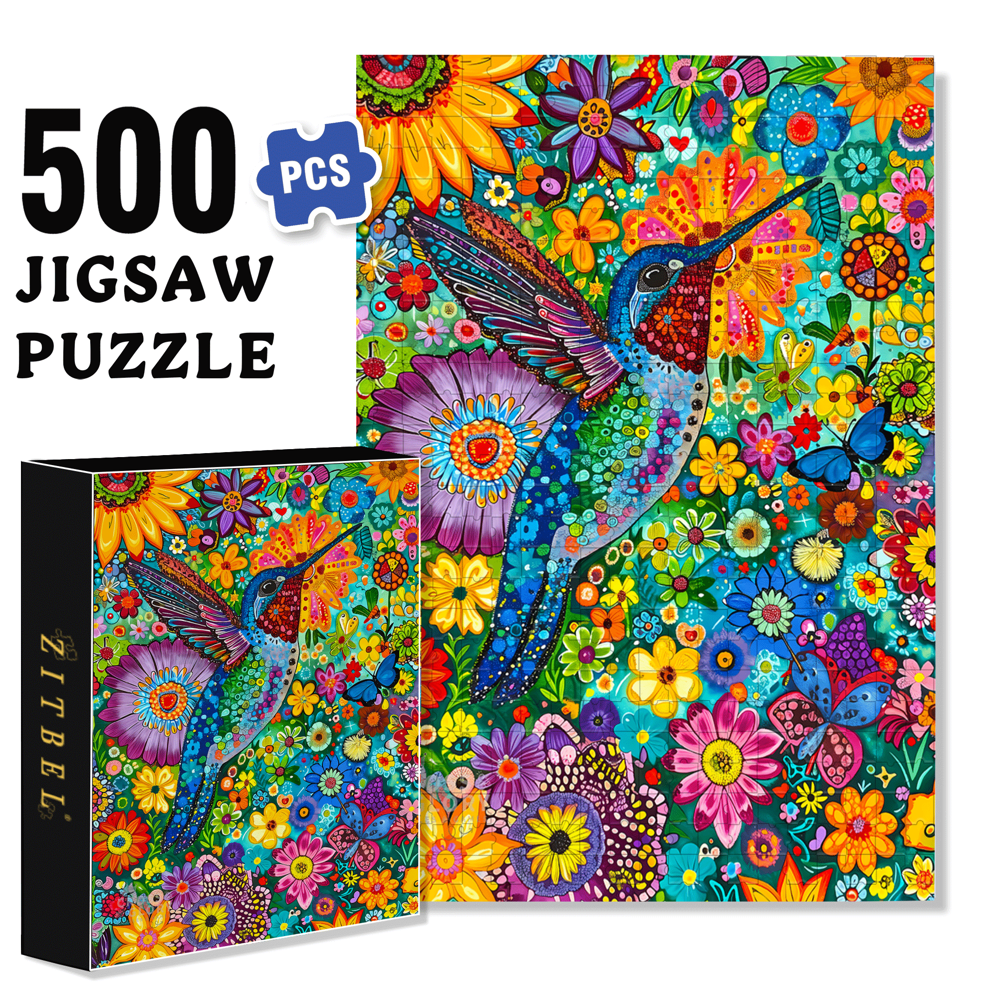 Hummingbird Flower Bed 500pcs/1000pcs Jigsaw Puzzle, Scratch-Resistant, Interactive Family Game & Brain-Boosting DIY Decor, Perfect for Halloween, Christmas & New Year Gifts, Family Puzzle Game
