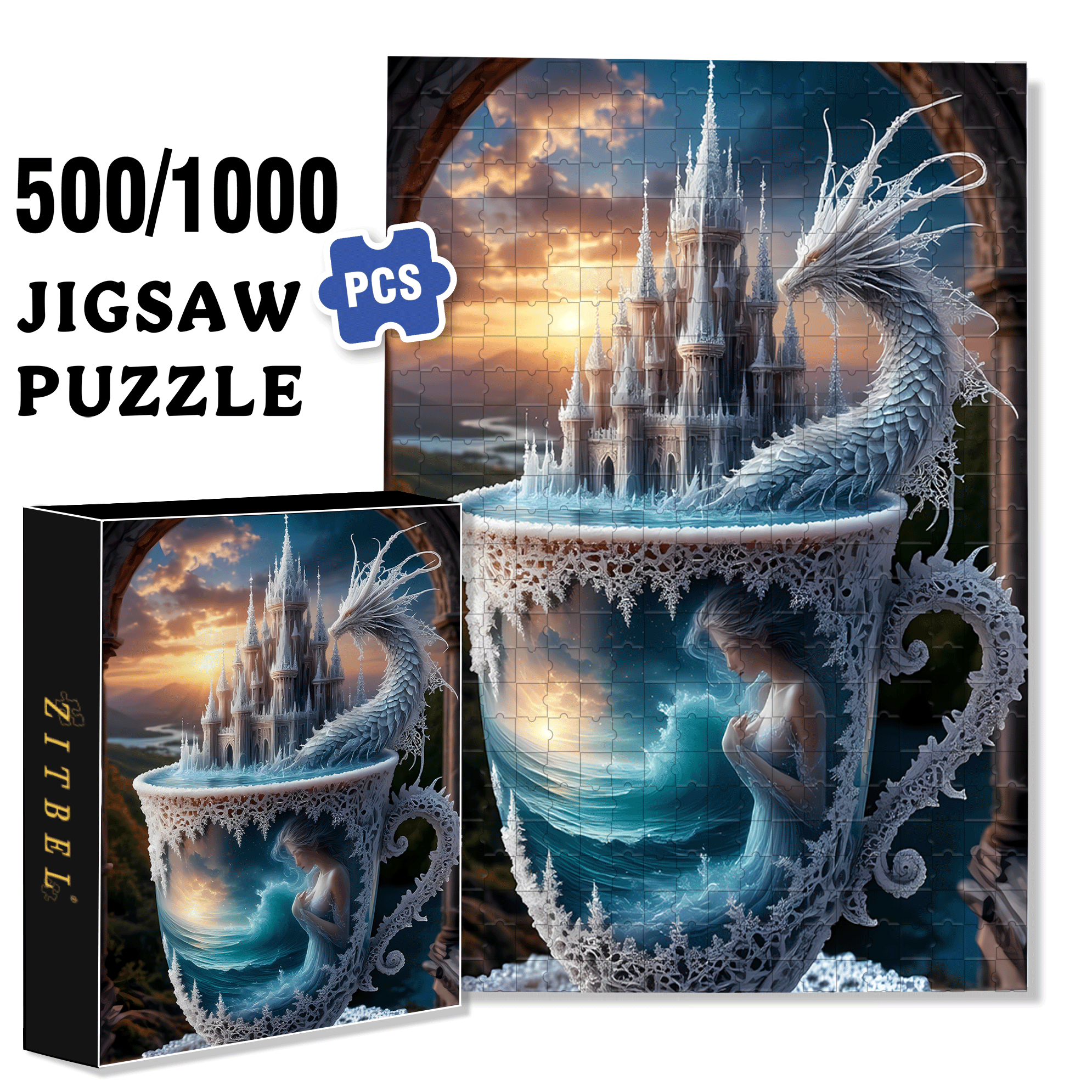 Ice Dragon and Castle 500pcs/1000pcs Jigsaw Puzzle, Scratch-Resistant, Interactive Family Game & Brain-Boosting DIY Decor, Perfect for Halloween, Christmas & New Year Gifts, Family Puzzle Game