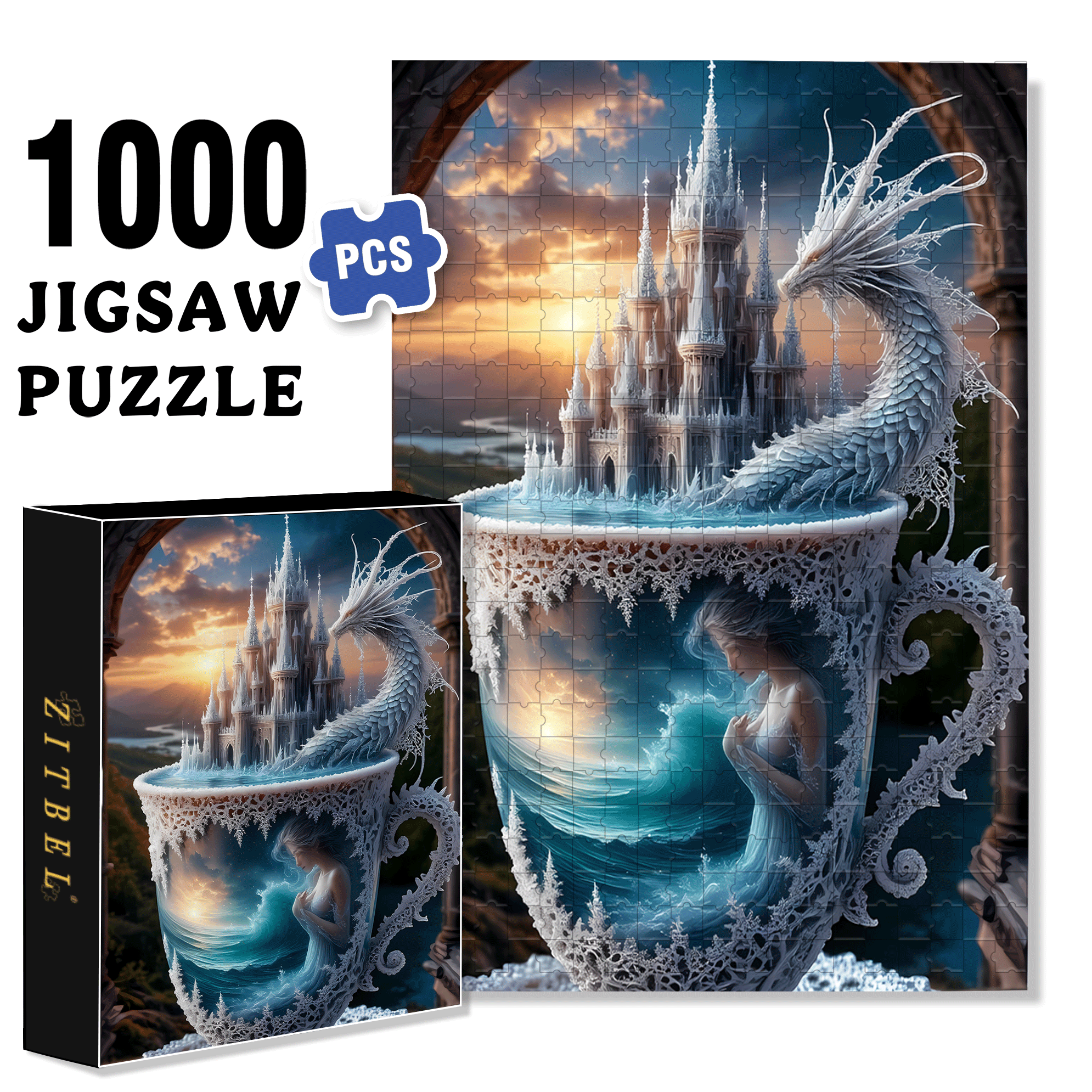 Ice Dragon and Castle 500pcs/1000pcs Jigsaw Puzzle, Scratch-Resistant, Interactive Family Game & Brain-Boosting DIY Decor, Perfect for Halloween, Christmas & New Year Gifts, Family Puzzle Game