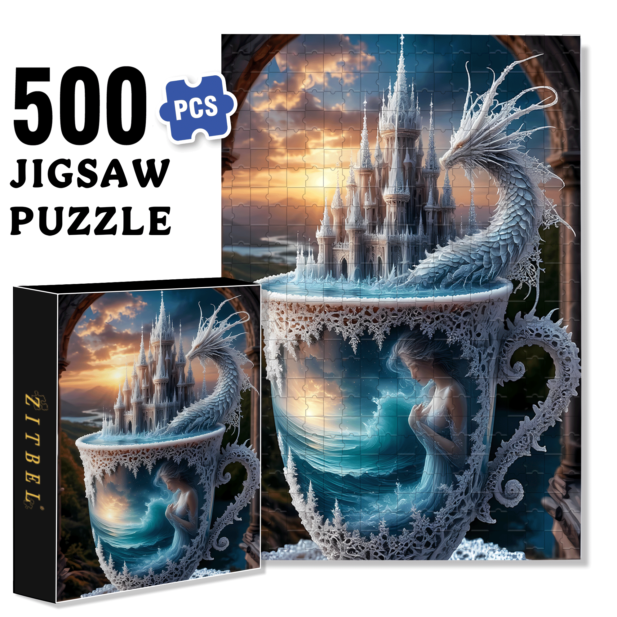 Ice Dragon and Castle 500pcs/1000pcs Jigsaw Puzzle, Scratch-Resistant, Interactive Family Game & Brain-Boosting DIY Decor, Perfect for Halloween, Christmas & New Year Gifts, Family Puzzle Game