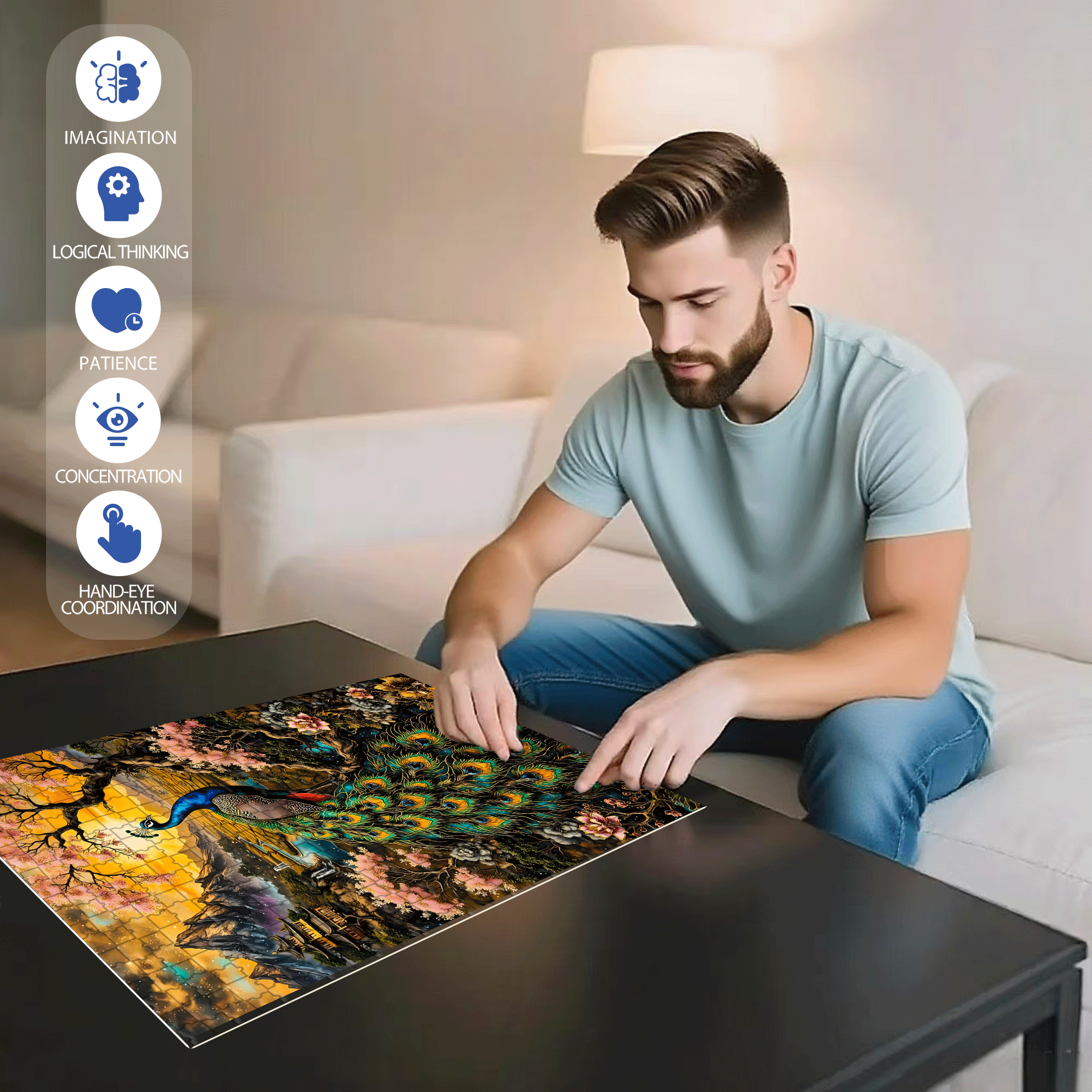 Magnificent Peacock 500pcs/1000pcs Jigsaw Puzzle, Scratch-Resistant, Interactive Family Game & Brain-Boosting DIY Decor, Perfect for Halloween, Christmas & New Year Gifts, Family Puzzle Game
