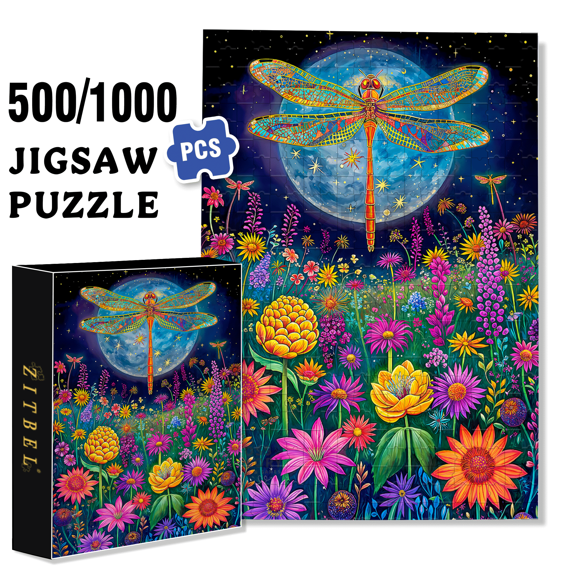 Moonlight Dragonfly 500pcs/1000pcs Jigsaw Puzzle, Scratch-Resistant, Interactive Family Game & Brain-Boosting DIY Decor, Perfect for Halloween, Christmas & New Year Gifts, Family Puzzle Game