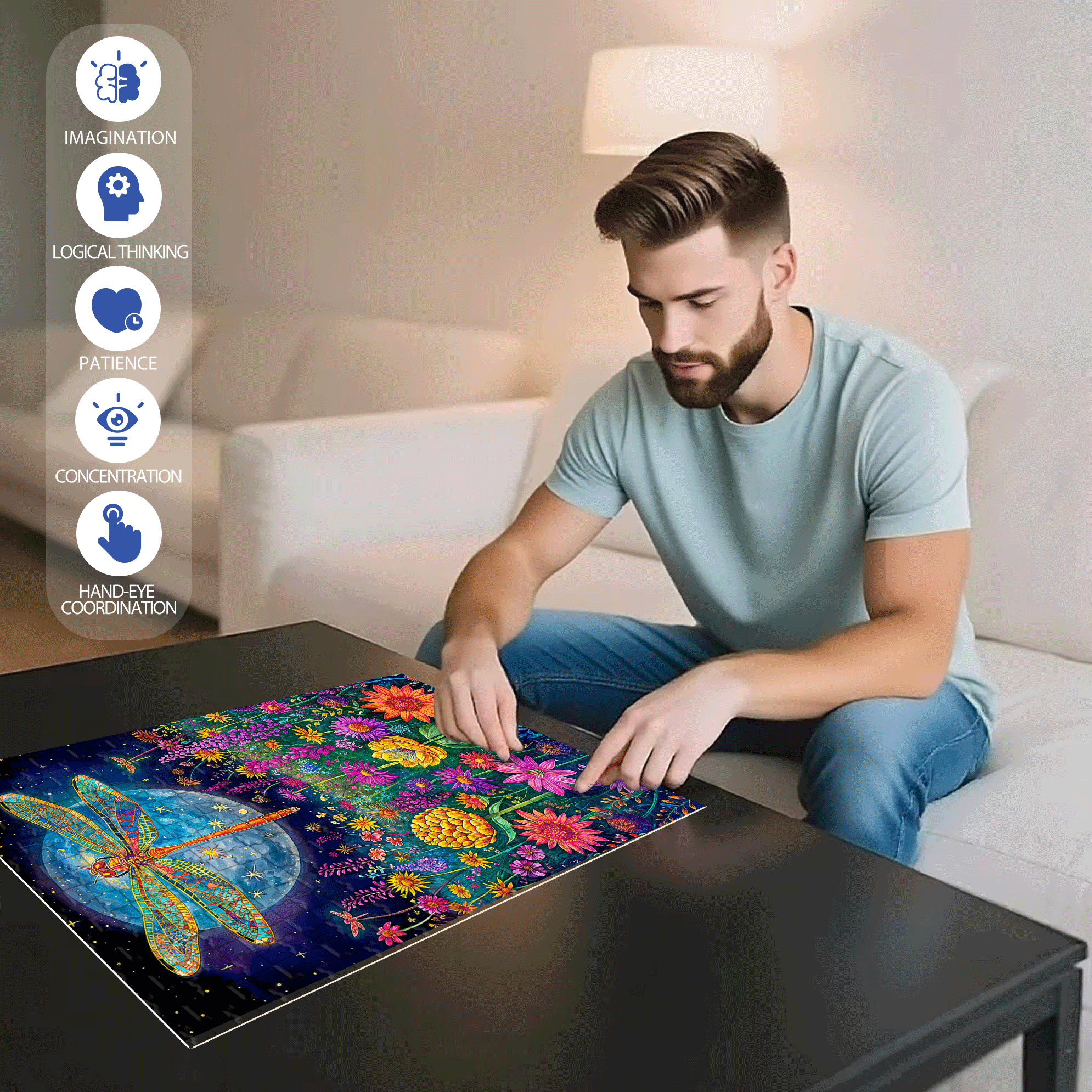 Moonlight Dragonfly 500pcs/1000pcs Jigsaw Puzzle, Scratch-Resistant, Interactive Family Game & Brain-Boosting DIY Decor, Perfect for Halloween, Christmas & New Year Gifts, Family Puzzle Game