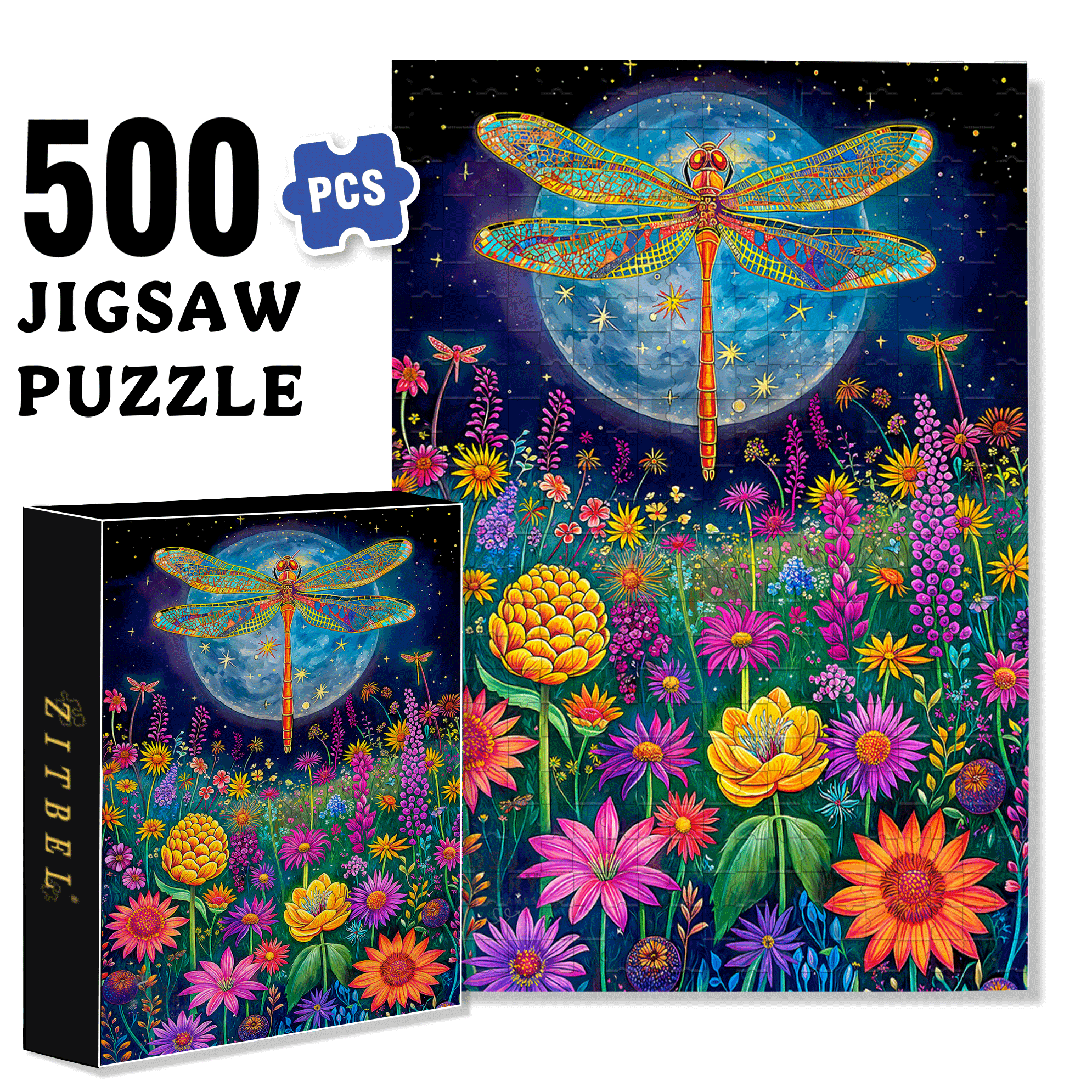 Moonlight Dragonfly 500pcs/1000pcs Jigsaw Puzzle, Scratch-Resistant, Interactive Family Game & Brain-Boosting DIY Decor, Perfect for Halloween, Christmas & New Year Gifts, Family Puzzle Game