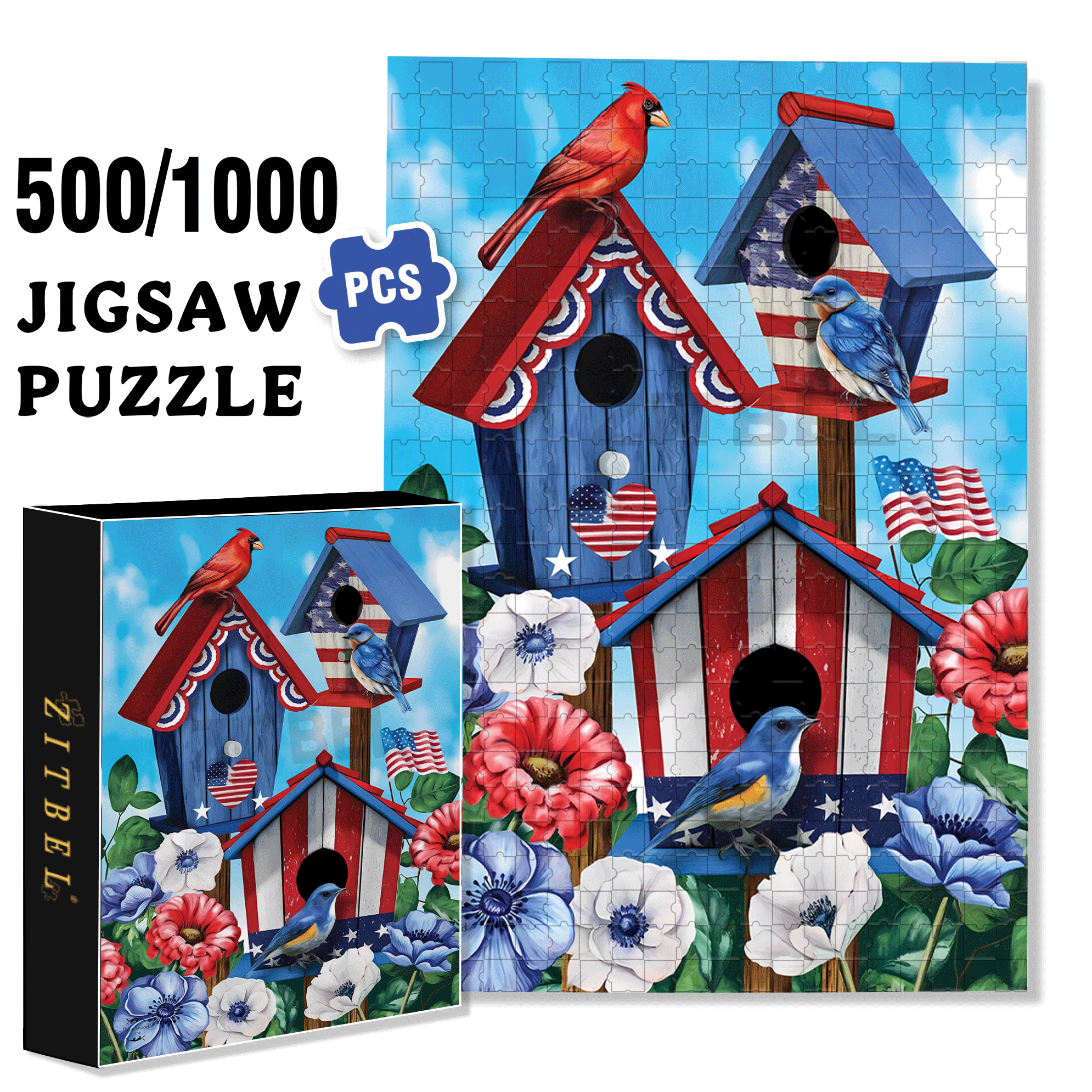 Patriotic Bird House 500pcs/1000pcs Jigsaw Puzzle, Scratch-Resistant, Interactive Family Game & Brain-Boosting DIY Decor, Perfect for Halloween, Christmas & New Year Gifts, Family Puzzle Game