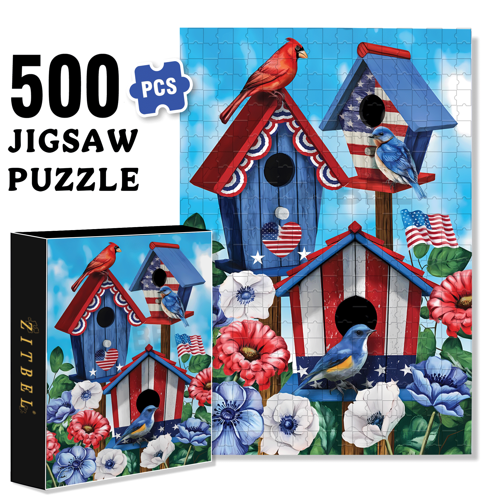 Patriotic Bird House 500pcs/1000pcs Jigsaw Puzzle, Scratch-Resistant, Interactive Family Game & Brain-Boosting DIY Decor, Perfect for Halloween, Christmas & New Year Gifts, Family Puzzle Game