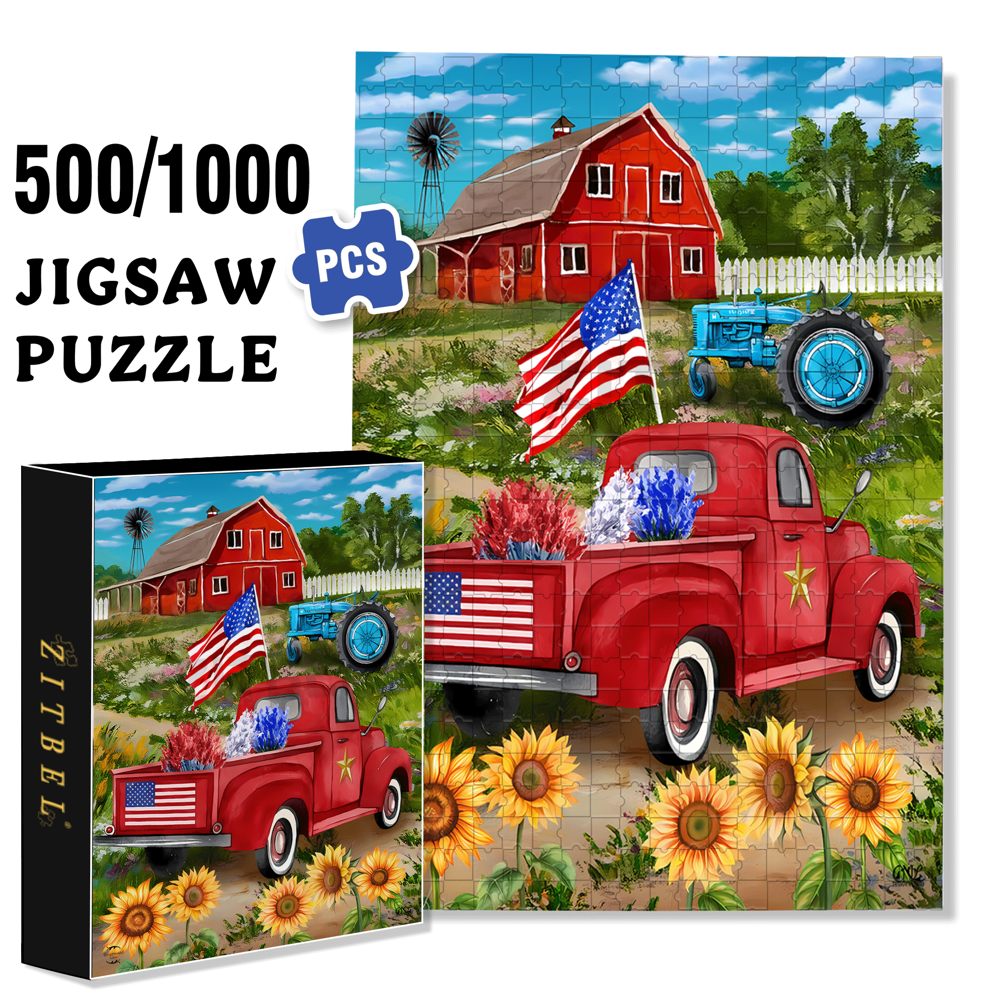 Red Car and Barn 500pcs/1000pcs Jigsaw Puzzle, Scratch-Resistant, Interactive Family Game & Brain-Boosting DIY Decor, Perfect for Halloween, Christmas & New Year Gifts, Family Puzzle Game