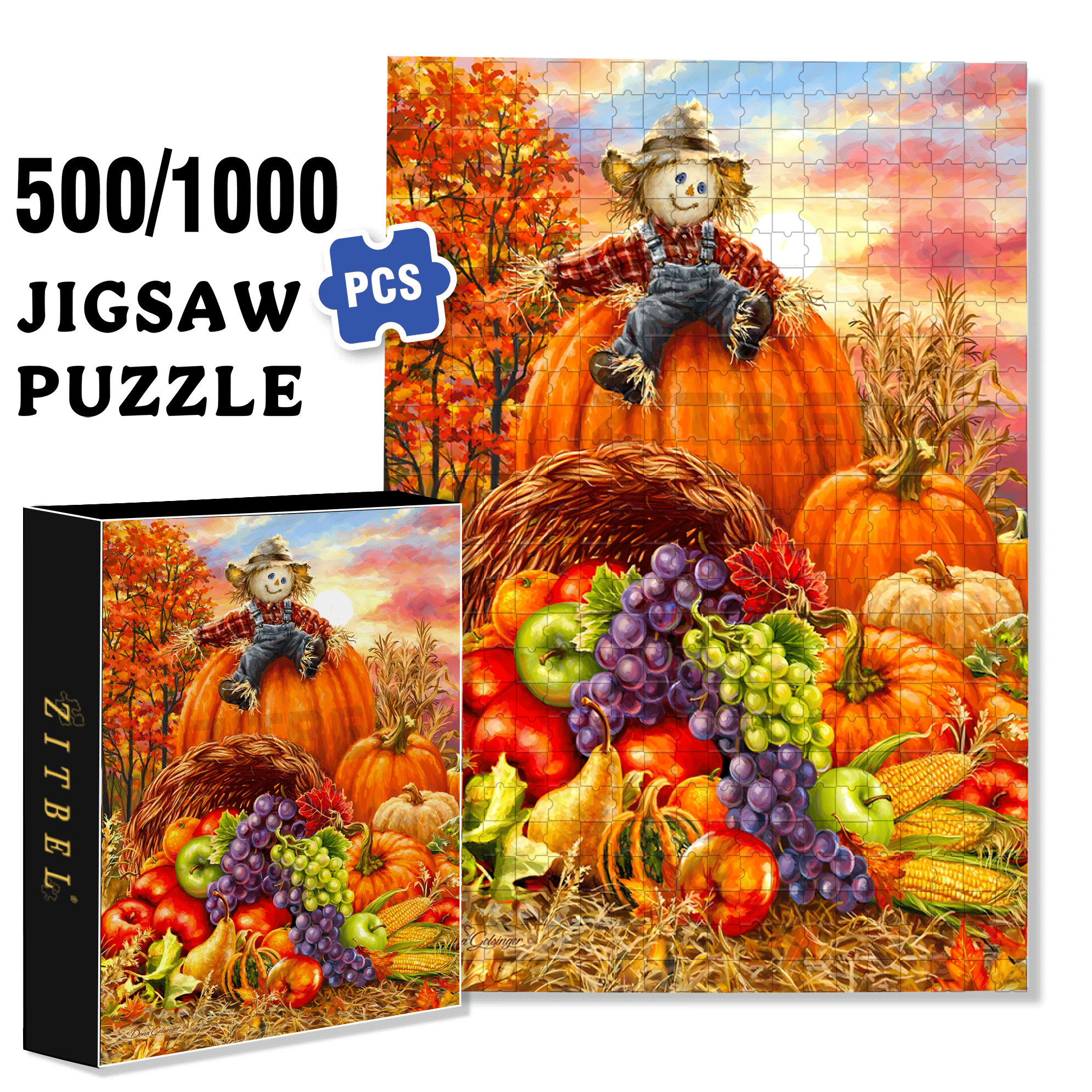 Scarecrow Harvest 500pcs/1000pcs Jigsaw Puzzle, Scratch-Resistant, Interactive Family Game & Brain-Boosting DIY Decor, Perfect for Halloween, Christmas & New Year Gifts, Family Puzzle Game