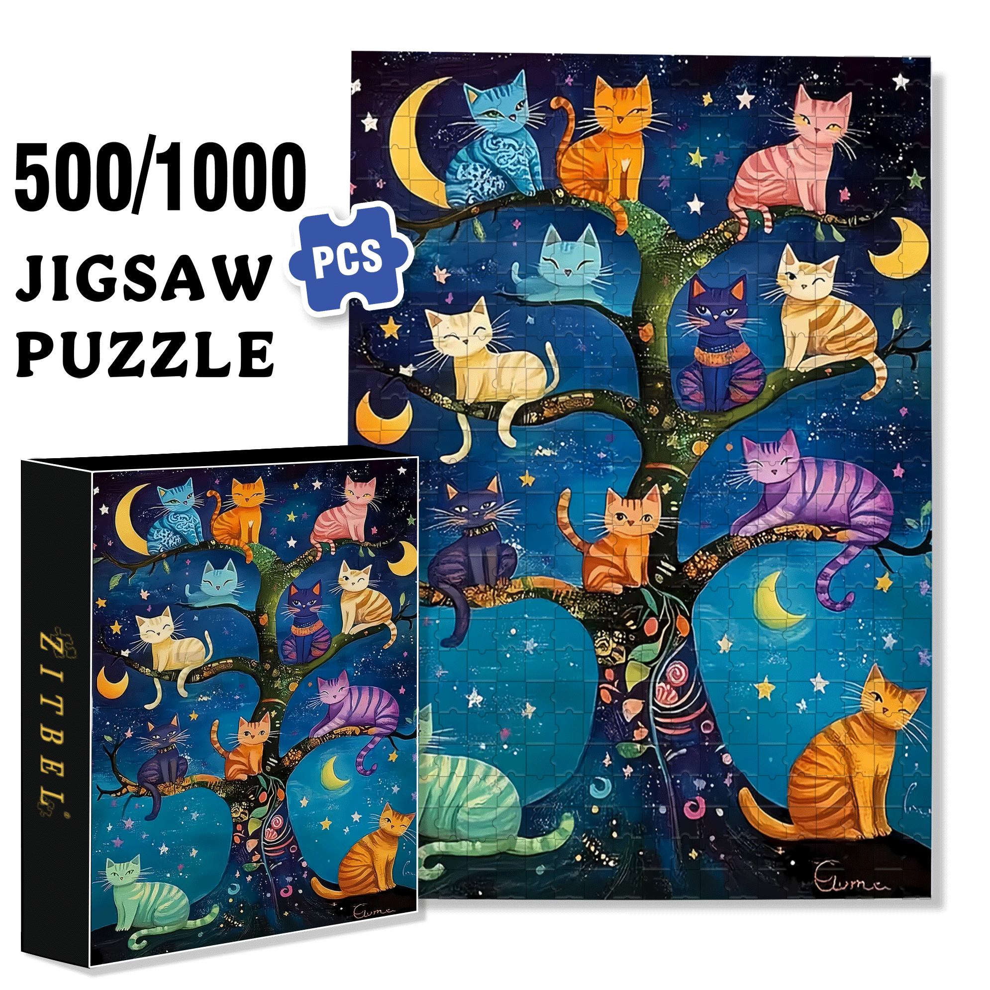 Starry Night Cat Language 500pcs/1000pcs Jigsaw Puzzle, Scratch-Resistant, Interactive Family Game & Brain-Boosting DIY Decor, Perfect for Halloween, Christmas & New Year Gifts, Family Puzzle Game