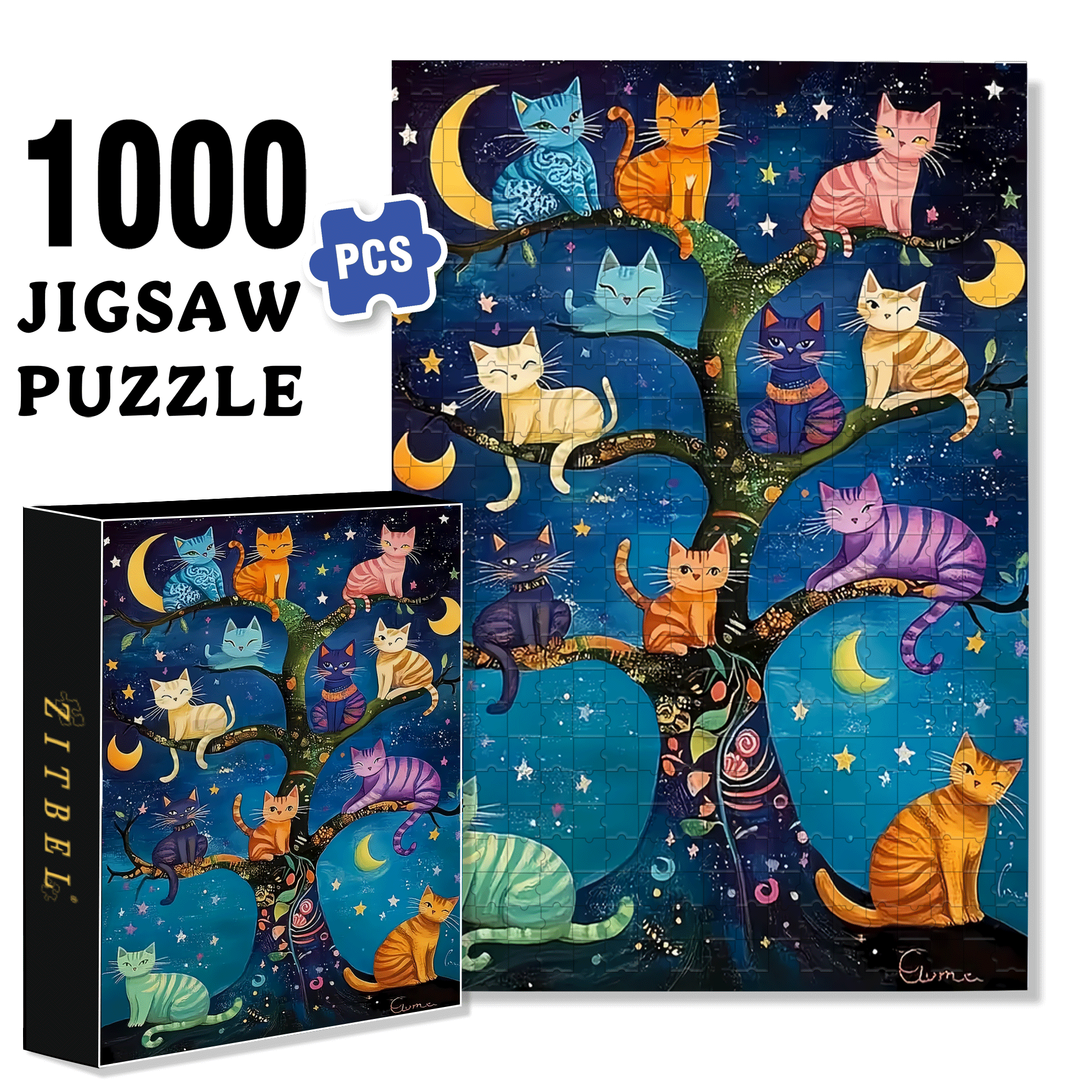 Starry Night Cat Language 500pcs/1000pcs Jigsaw Puzzle, Scratch-Resistant, Interactive Family Game & Brain-Boosting DIY Decor, Perfect for Halloween, Christmas & New Year Gifts, Family Puzzle Game