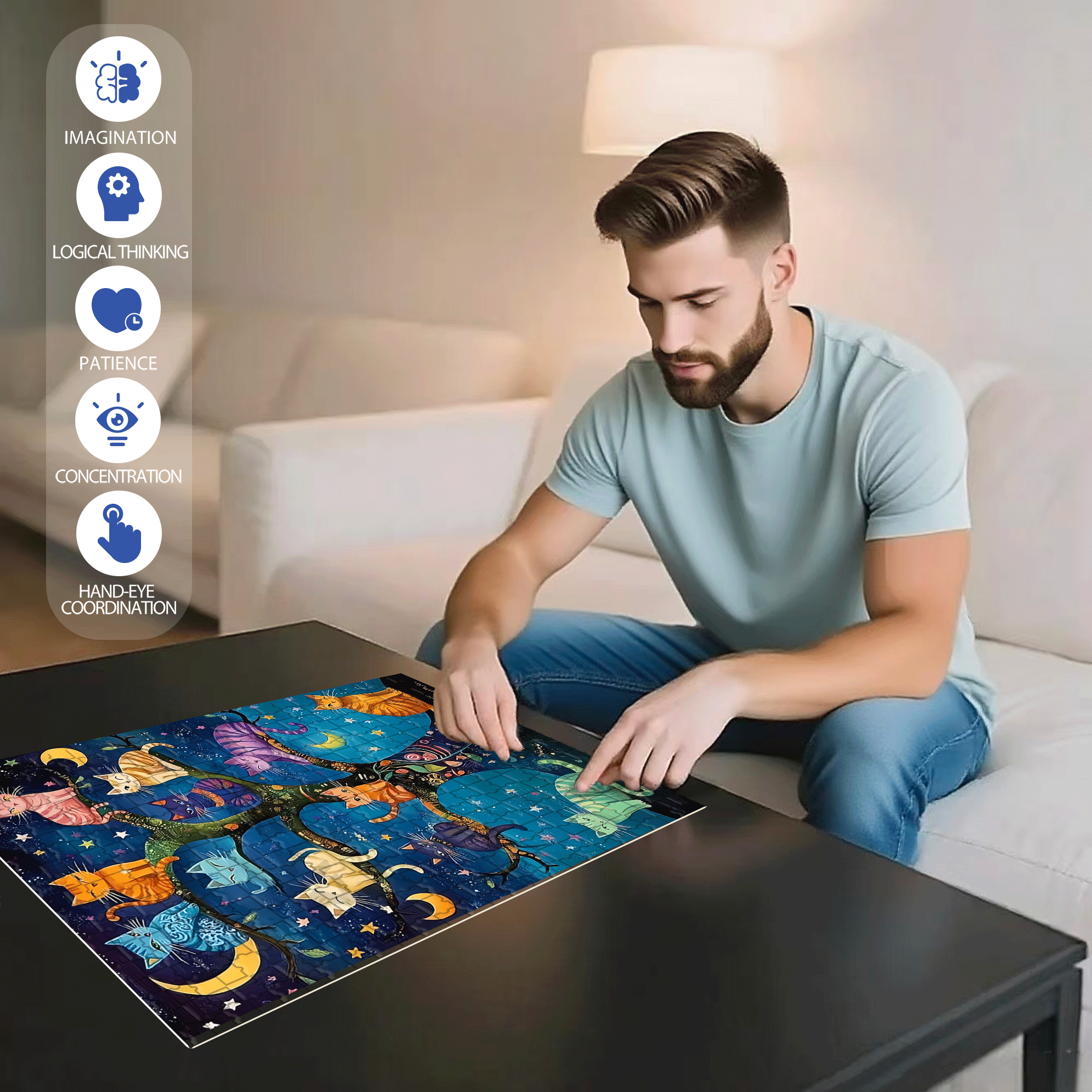 Starry Night Cat Language 500pcs/1000pcs Jigsaw Puzzle, Scratch-Resistant, Interactive Family Game & Brain-Boosting DIY Decor, Perfect for Halloween, Christmas & New Year Gifts, Family Puzzle Game