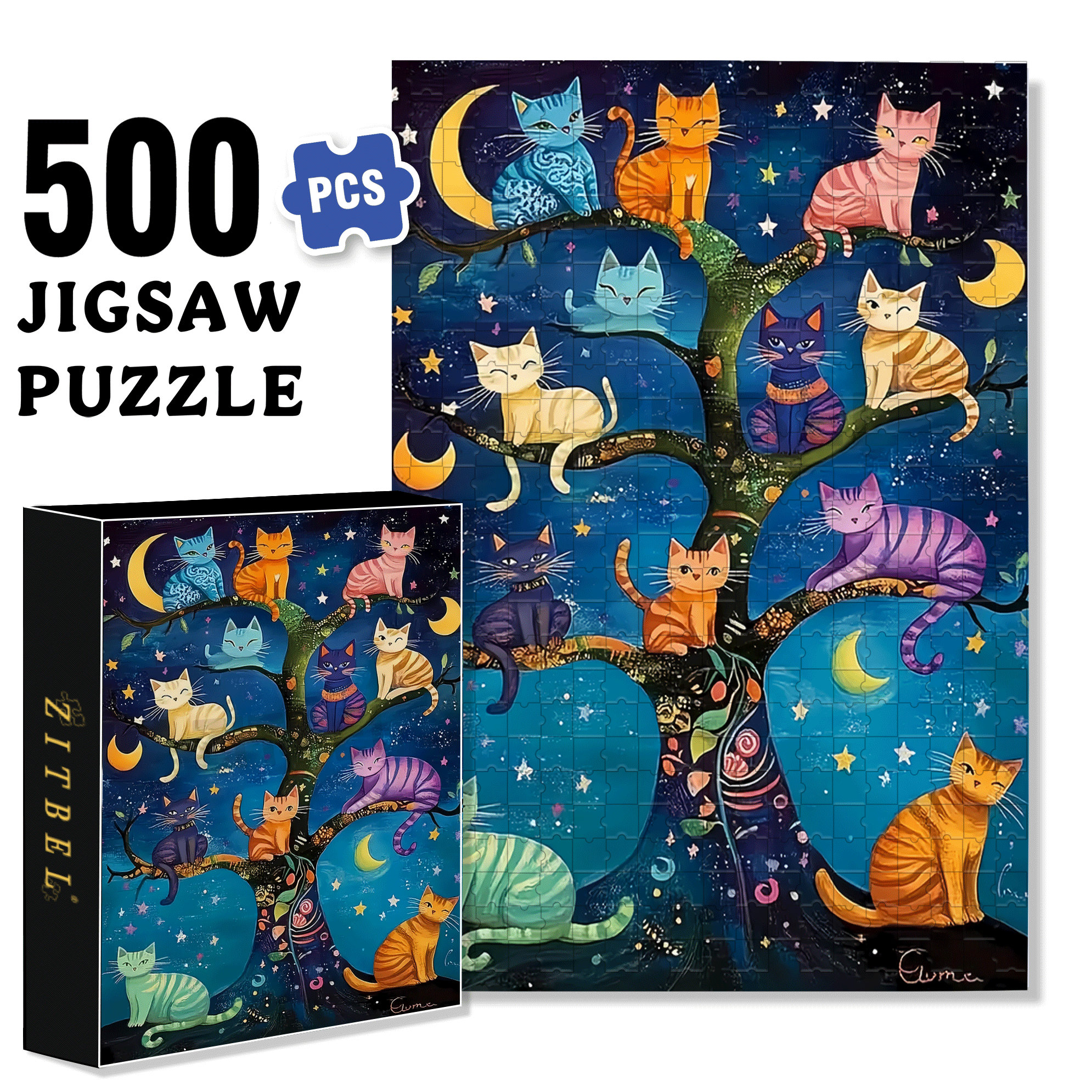 Starry Night Cat Language 500pcs/1000pcs Jigsaw Puzzle, Scratch-Resistant, Interactive Family Game & Brain-Boosting DIY Decor, Perfect for Halloween, Christmas & New Year Gifts, Family Puzzle Game
