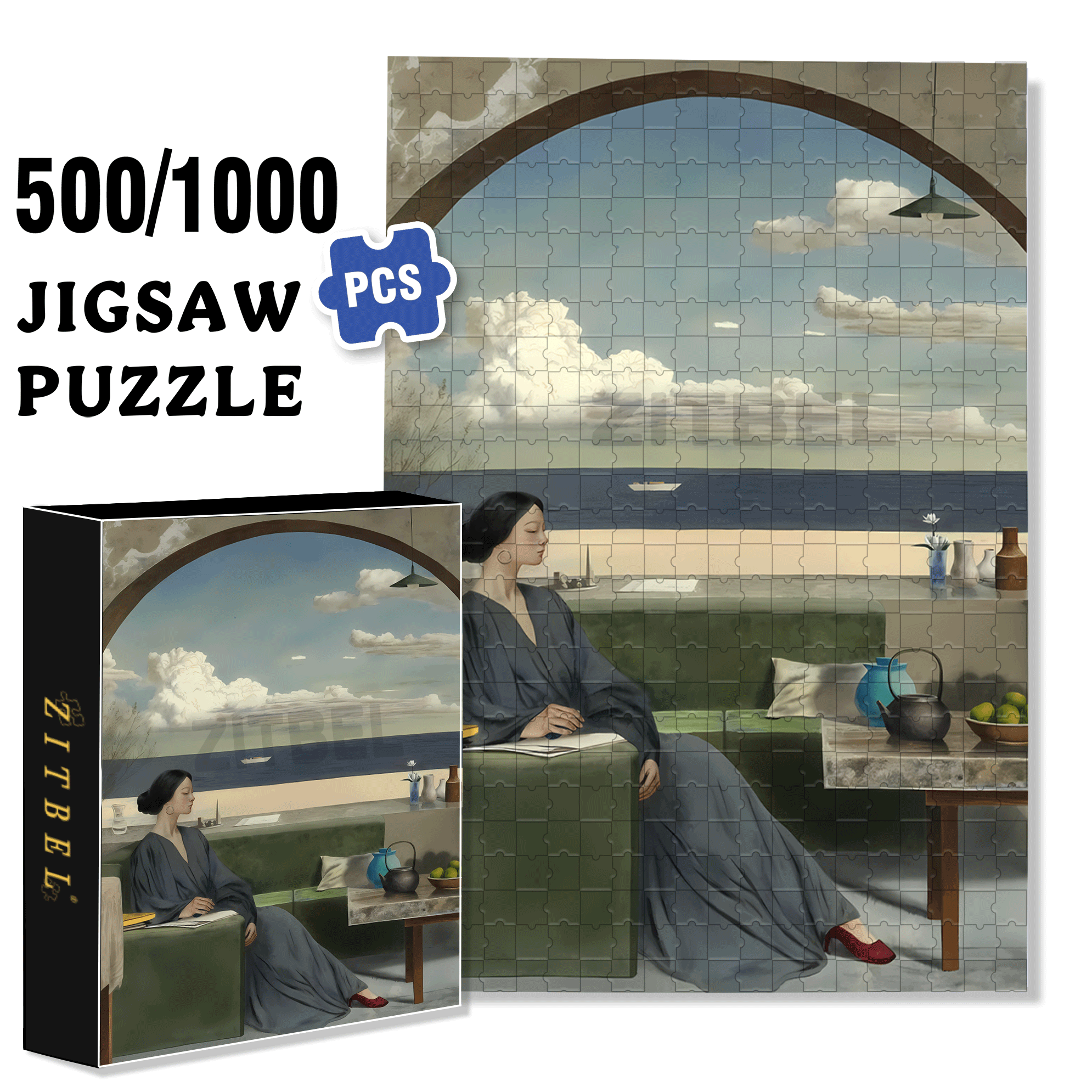 Arched Window Listening To The Tide 500pcs/1000pcs Jigsaw Puzzle, Scratch-Resistant, Interactive Family Game & Brain-Boosting DIY Decor, Perfect for Halloween, Christmas & New Year Gifts, Family Puzzle Game