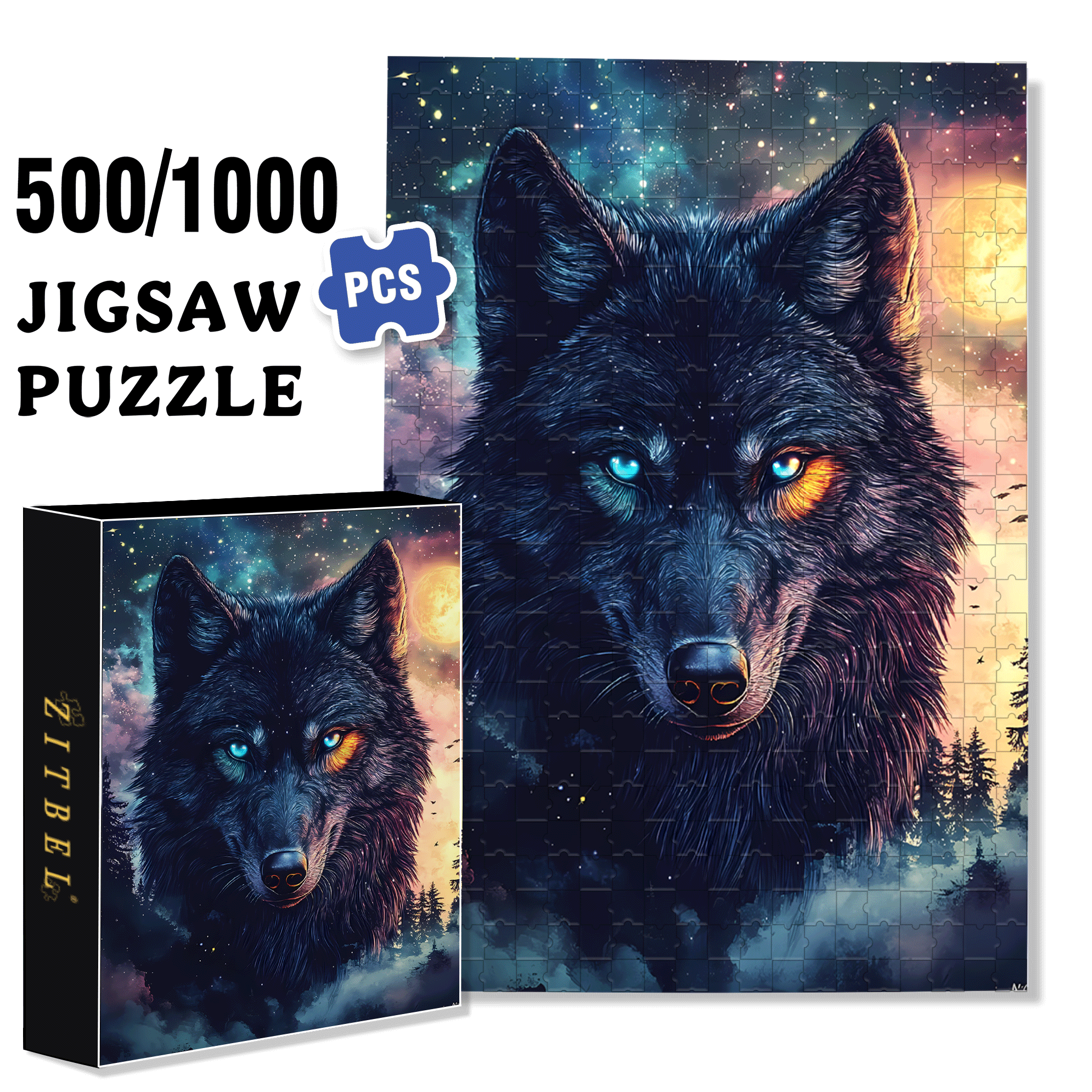 Double-Luminous White Wolf 500pcs/1000pcs Jigsaw Puzzle, Scratch-Resistant, Interactive Family Game & Brain-Boosting DIY Decor, Perfect for Halloween, Christmas & New Year Gifts, Family Puzzle Game