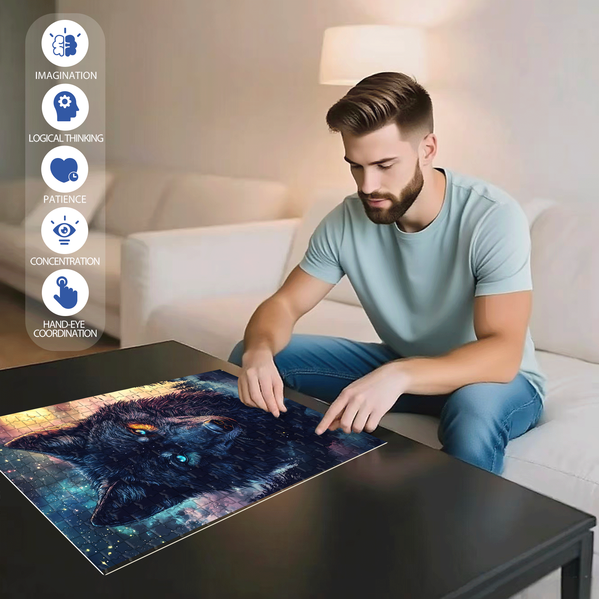 Double-Luminous White Wolf 500pcs/1000pcs Jigsaw Puzzle, Scratch-Resistant, Interactive Family Game & Brain-Boosting DIY Decor, Perfect for Halloween, Christmas & New Year Gifts, Family Puzzle Game