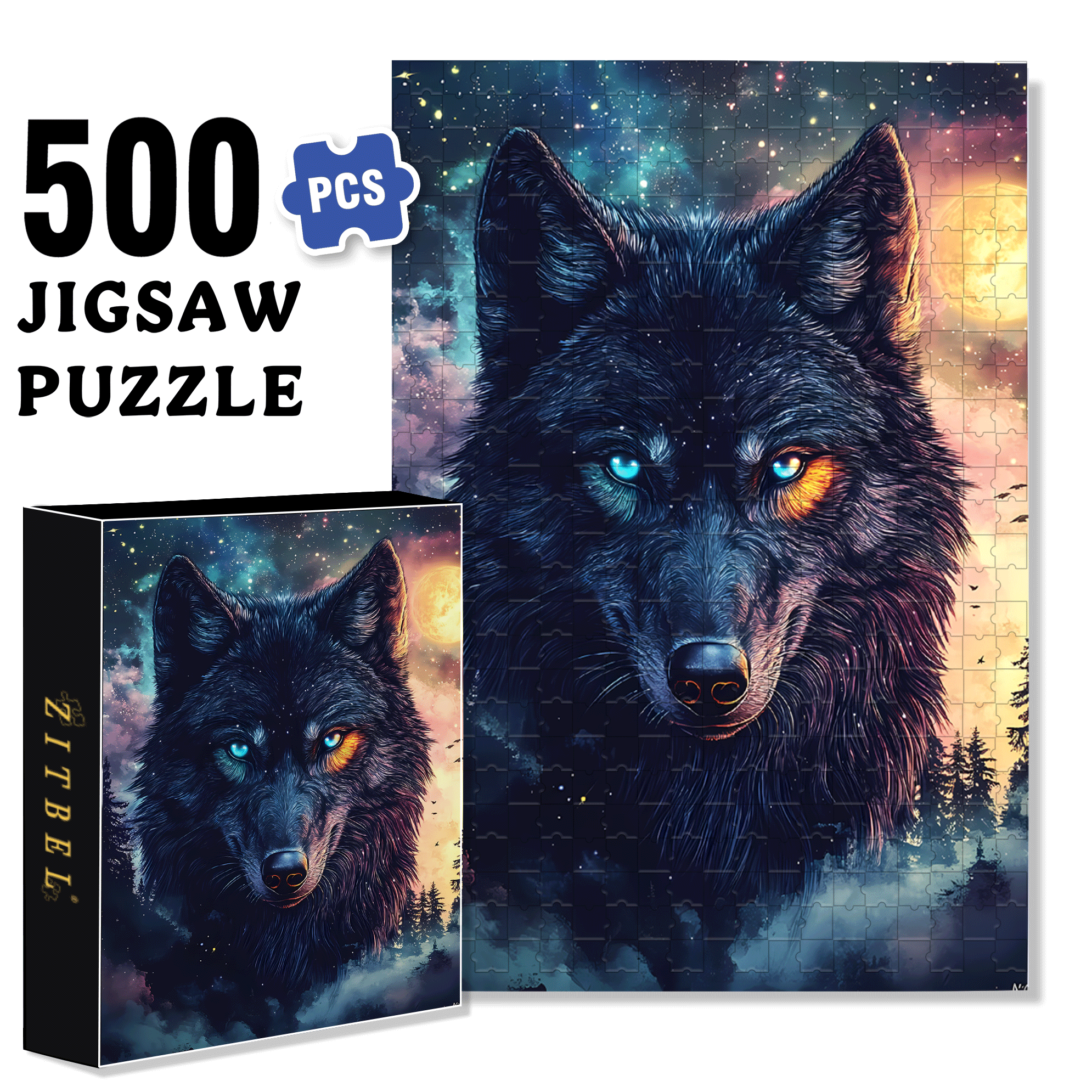 Double-Luminous White Wolf 500pcs/1000pcs Jigsaw Puzzle, Scratch-Resistant, Interactive Family Game & Brain-Boosting DIY Decor, Perfect for Halloween, Christmas & New Year Gifts, Family Puzzle Game