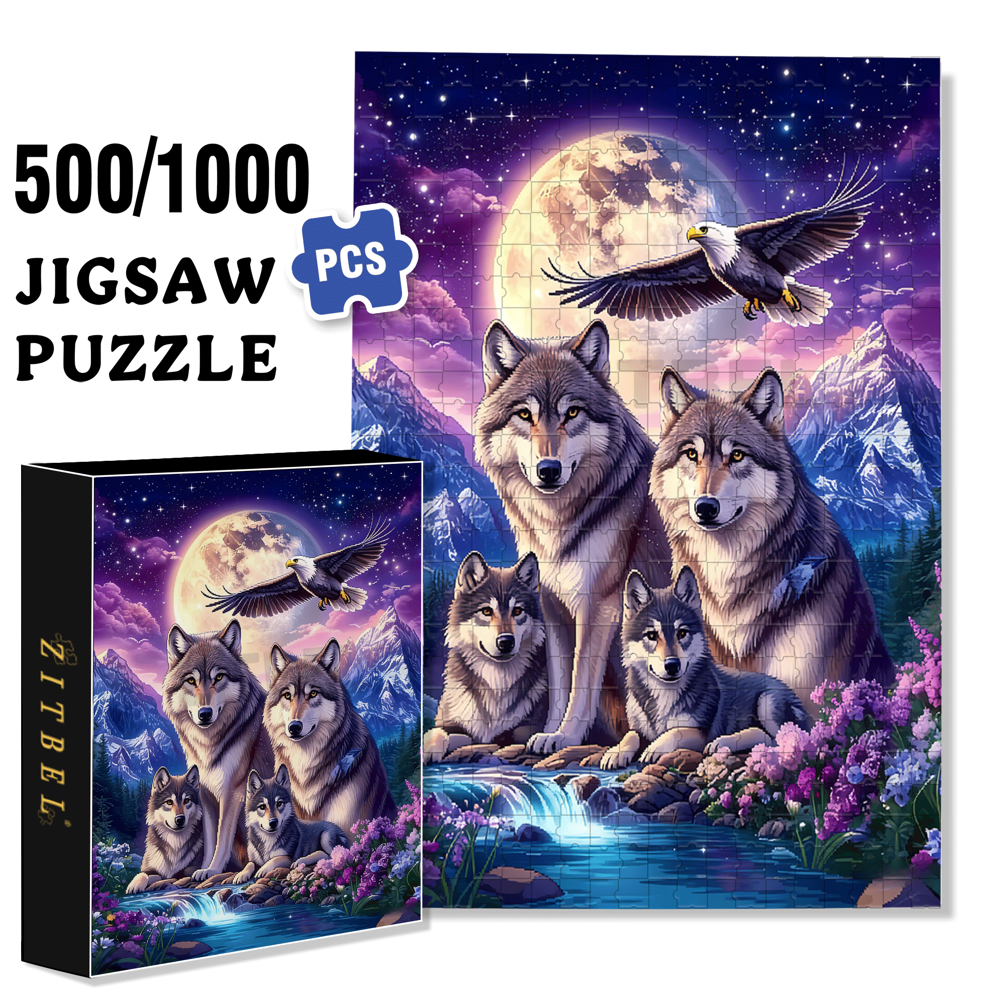 Moonlit Night - Pack of Wolves 500pcs/1000pcs Jigsaw Puzzle, Scratch-Resistant, Interactive Family Game & Brain-Boosting DIY Decor, Perfect for Halloween, Christmas & New Year Gifts, Family Puzzle Game
