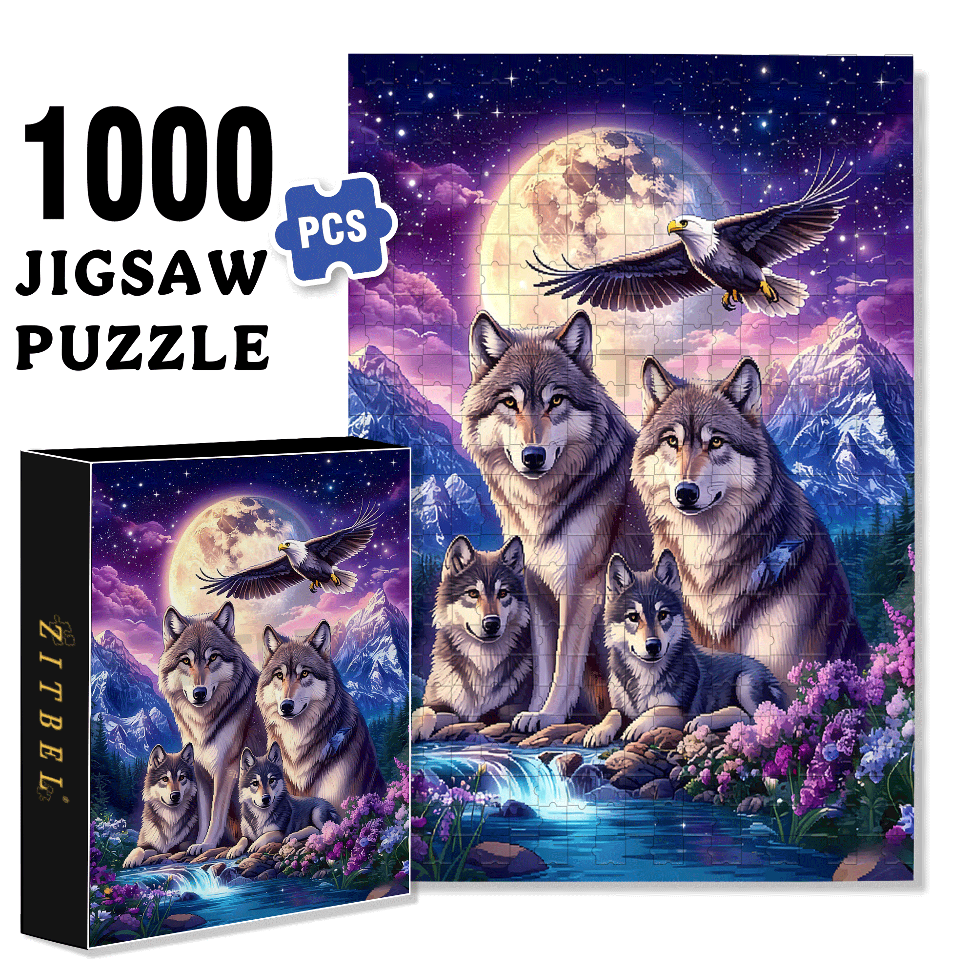 Moonlit Night - Pack of Wolves 500pcs/1000pcs Jigsaw Puzzle, Scratch-Resistant, Interactive Family Game & Brain-Boosting DIY Decor, Perfect for Halloween, Christmas & New Year Gifts, Family Puzzle Game
