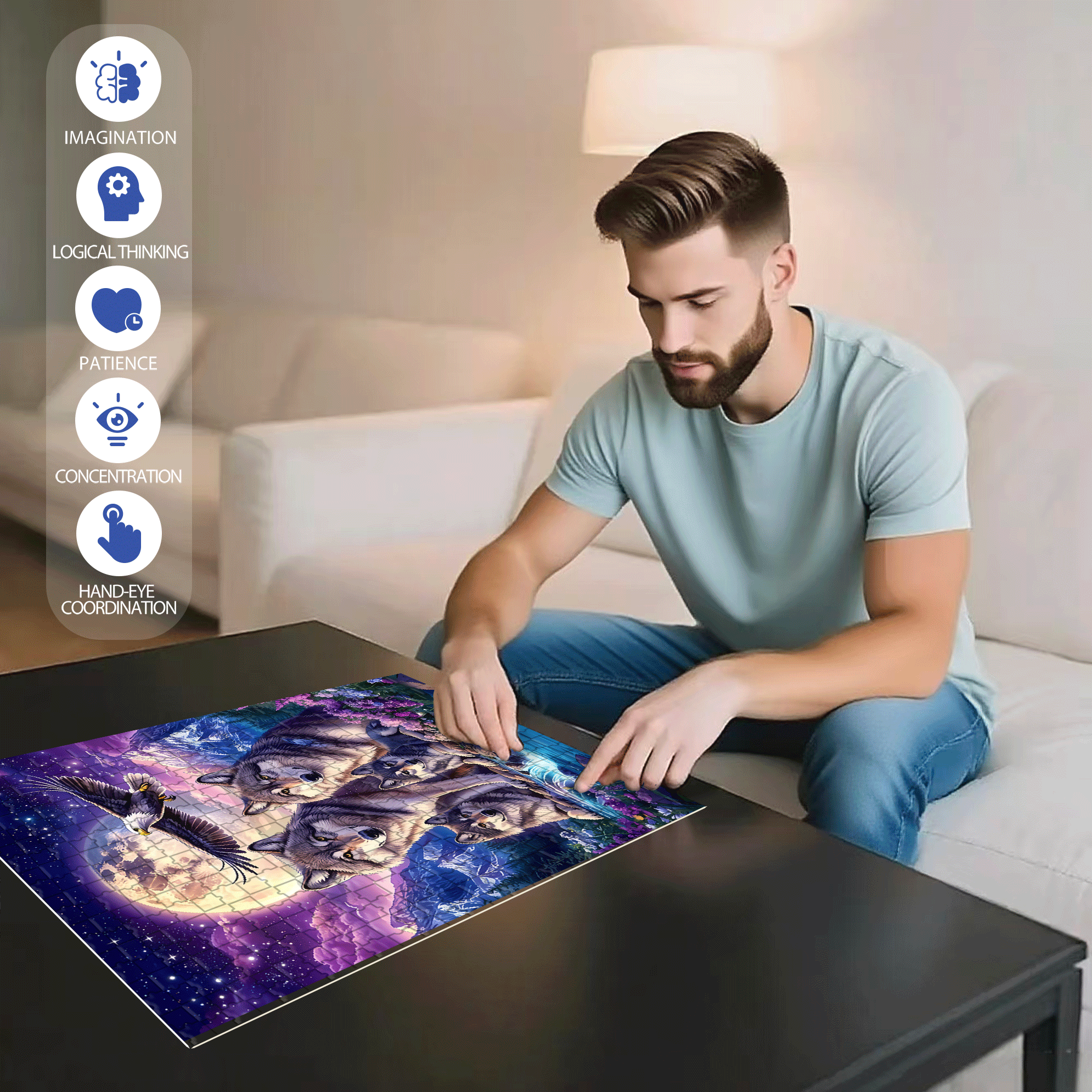Moonlit Night - Pack of Wolves 500pcs/1000pcs Jigsaw Puzzle, Scratch-Resistant, Interactive Family Game & Brain-Boosting DIY Decor, Perfect for Halloween, Christmas & New Year Gifts, Family Puzzle Game