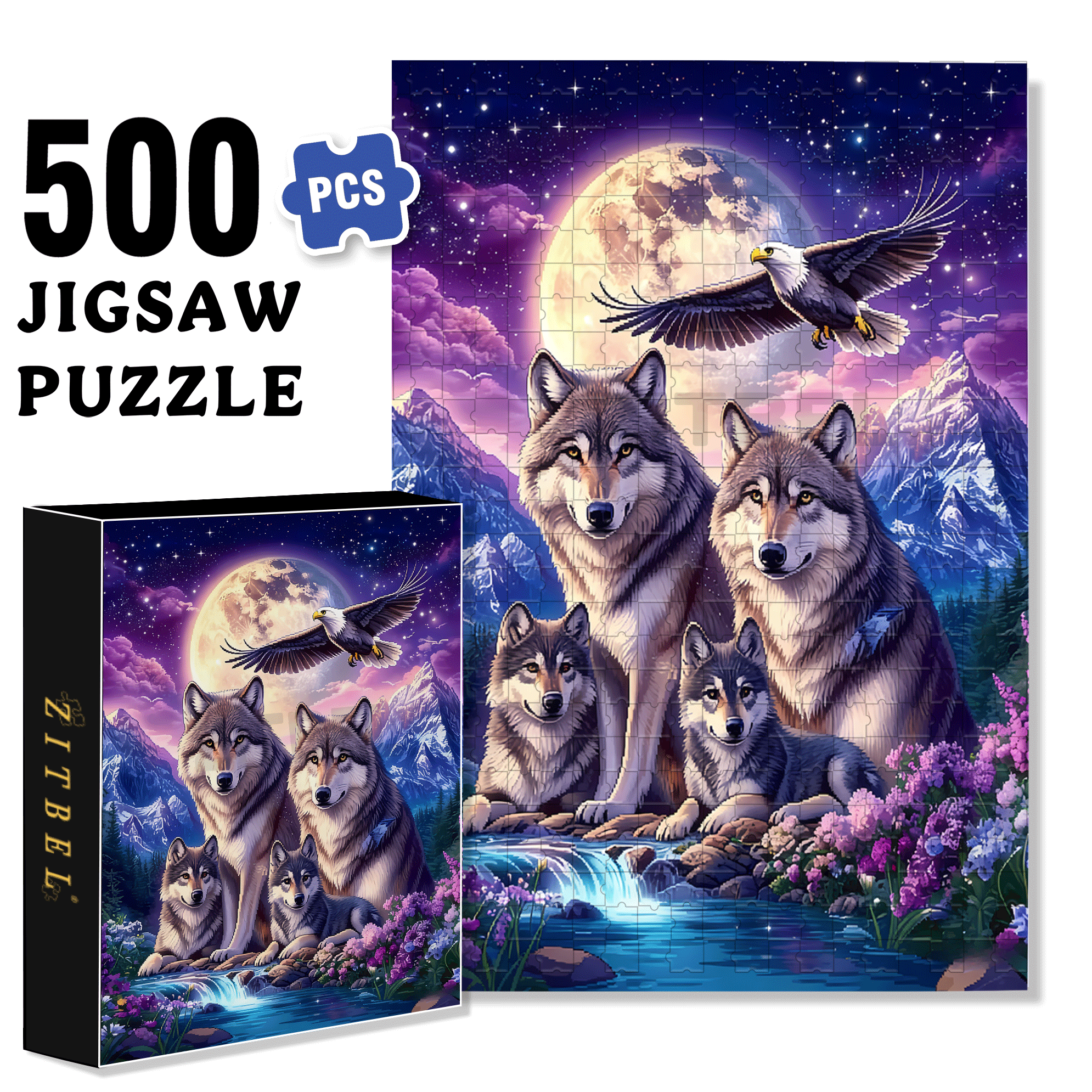 Moonlit Night - Pack of Wolves 500pcs/1000pcs Jigsaw Puzzle, Scratch-Resistant, Interactive Family Game & Brain-Boosting DIY Decor, Perfect for Halloween, Christmas & New Year Gifts, Family Puzzle Game