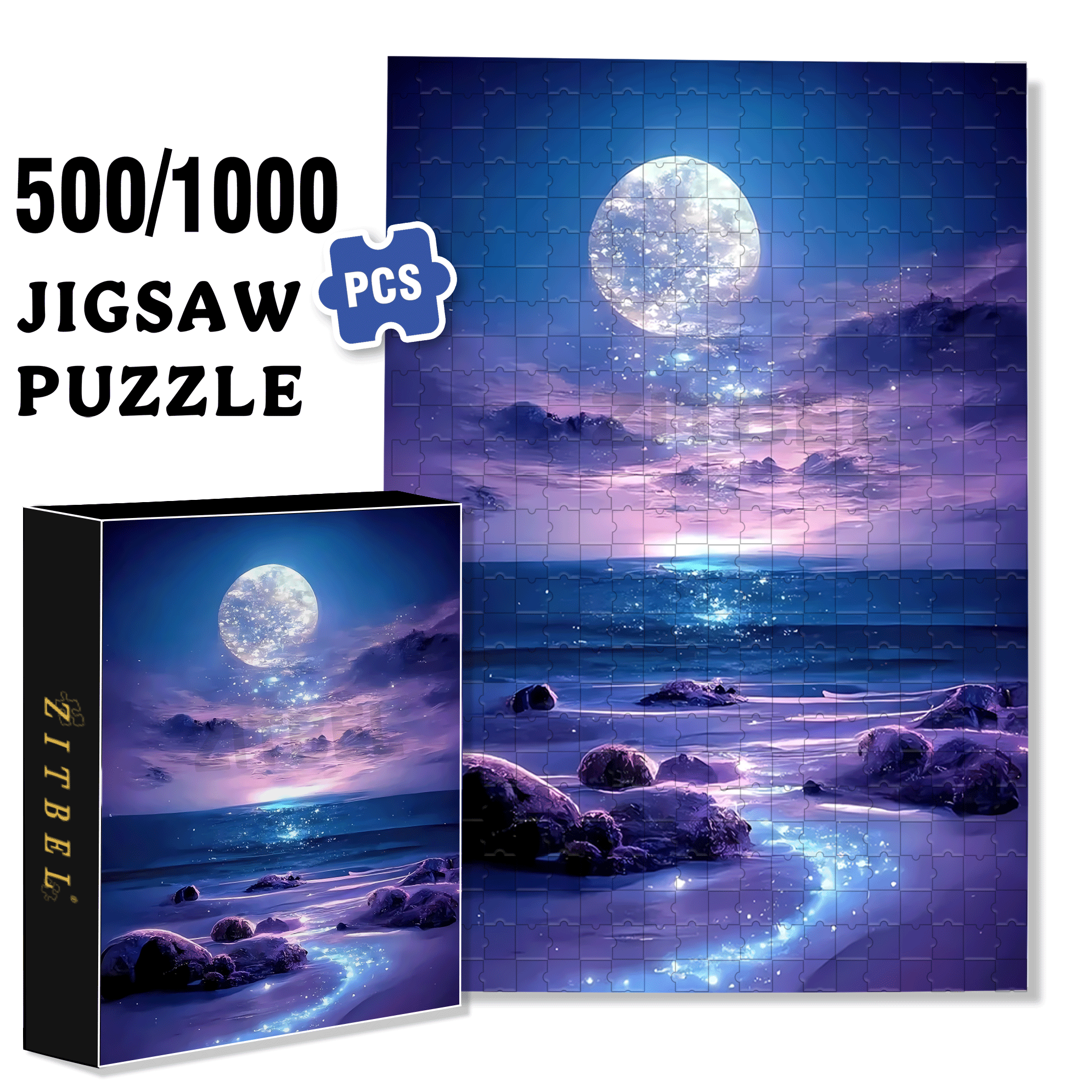 Purple Sea Full Moon 500pcs/1000pcs Jigsaw Puzzle, Scratch-Resistant, Interactive Family Game & Brain-Boosting DIY Decor, Perfect for Halloween, Christmas & New Year Gifts, Family Puzzle Game