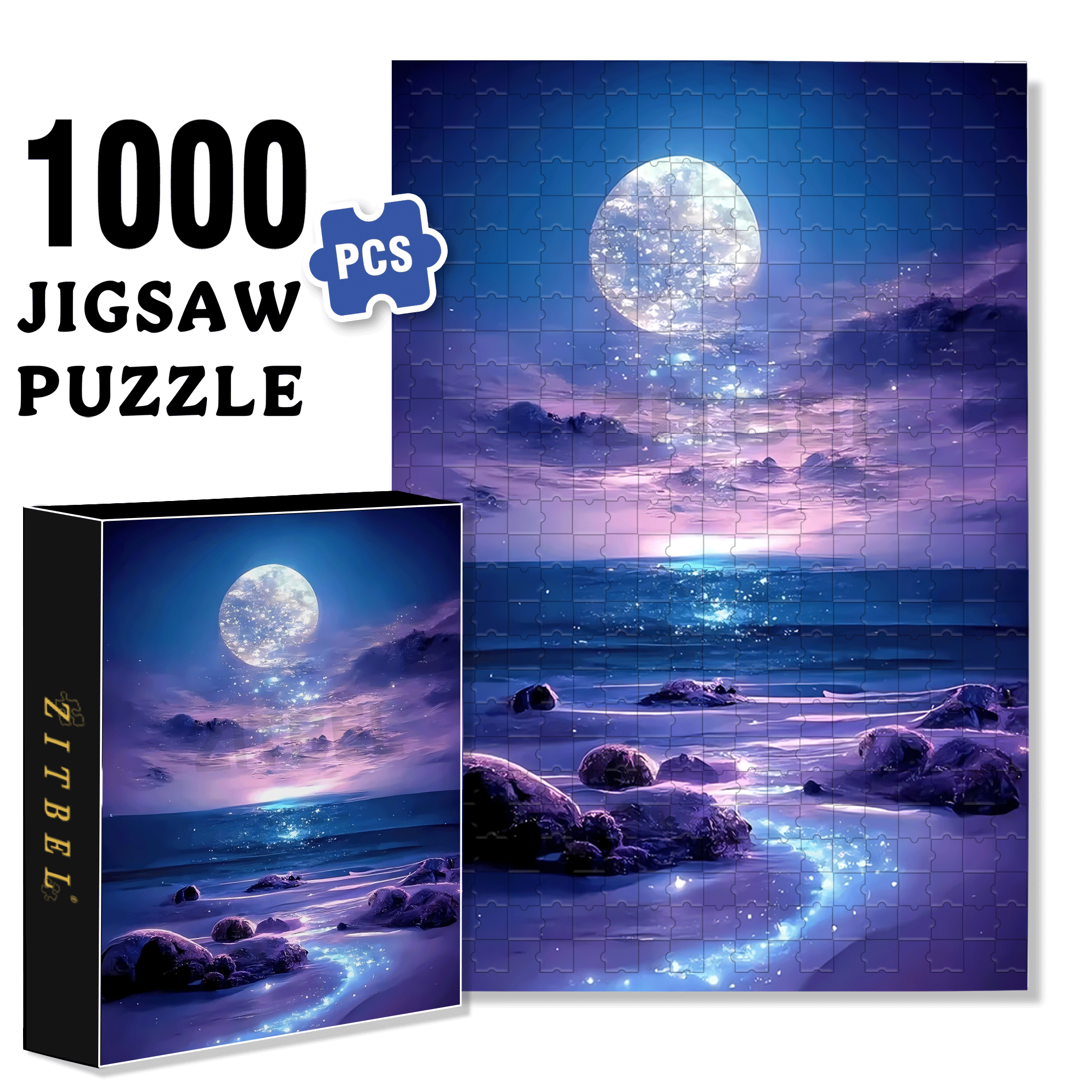 Purple Sea Full Moon 500pcs/1000pcs Jigsaw Puzzle, Scratch-Resistant, Interactive Family Game & Brain-Boosting DIY Decor, Perfect for Halloween, Christmas & New Year Gifts, Family Puzzle Game
